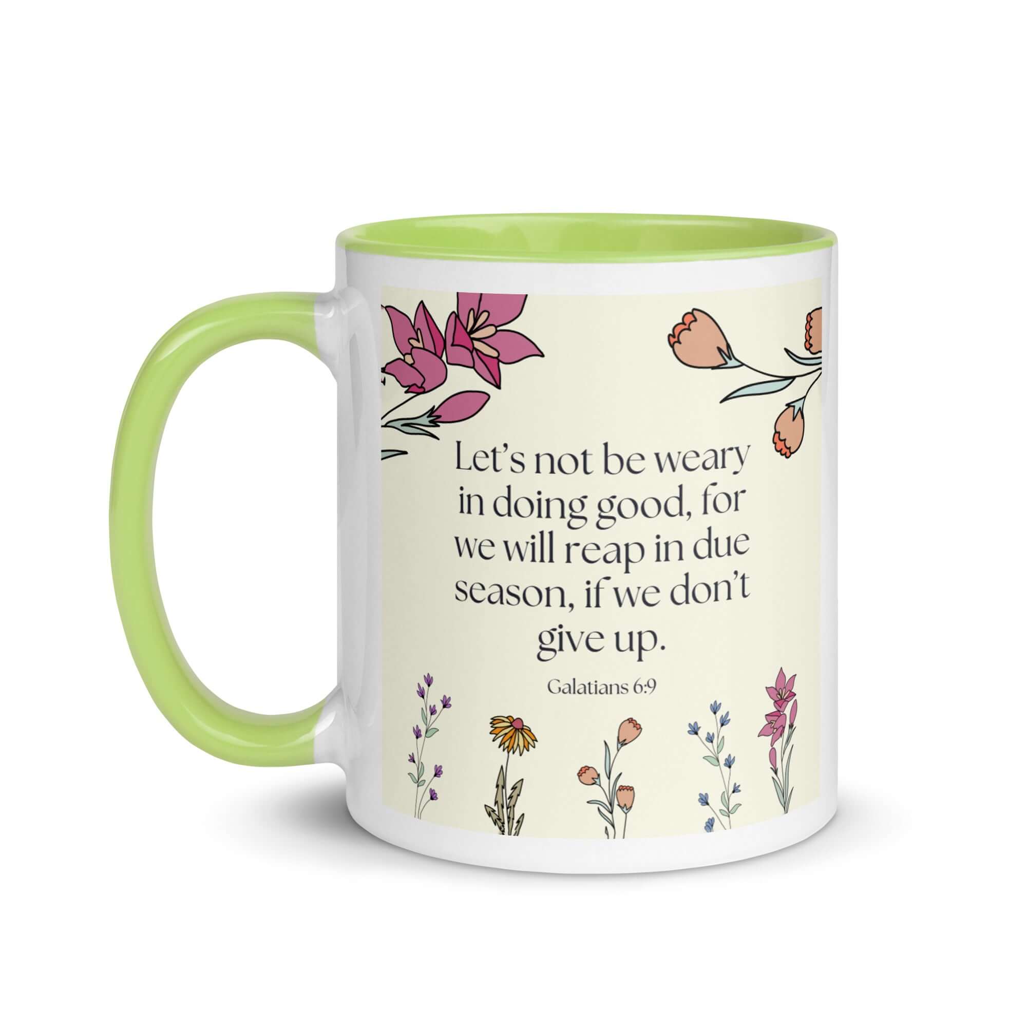 Galatians 6:9 - Bible Verse, in doing good White Ceramic Mug with Color Inside