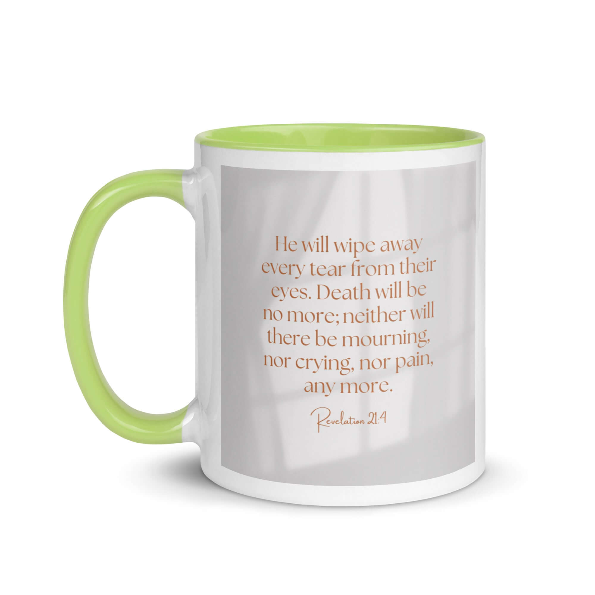 Revelation 21:4 Bible Verse, He will wipe White Ceramic Mug with Color Inside