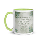 Nahum 1:3 Bible Verse, The Lord is slow White Ceramic Mug with Color Inside