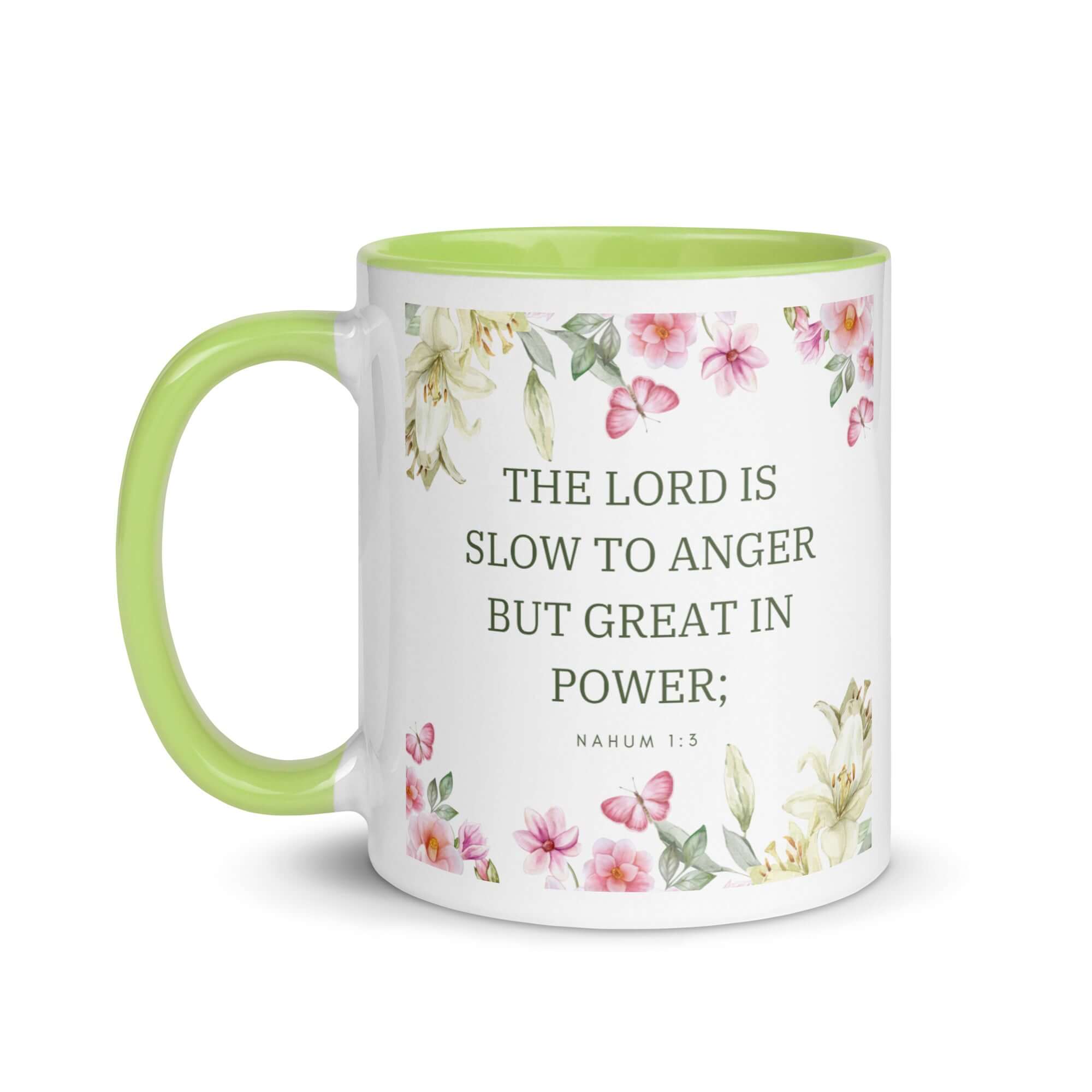 Nahum 1:3 Bible Verse, slow to anger White Ceramic Mug with Color Inside