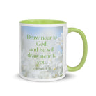 James 4:8 Bible Verse, Draw near White Ceramic Mug with Color Inside