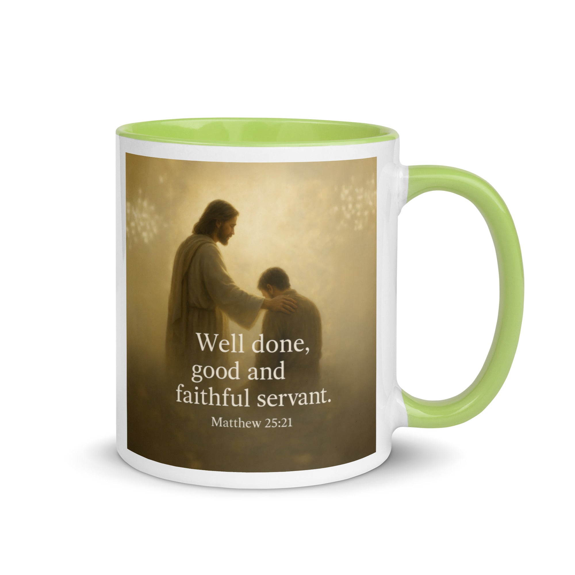Matthew 25:21 Bible Verse Well Done White Ceramic Mug with Color Inside Green 11 oz