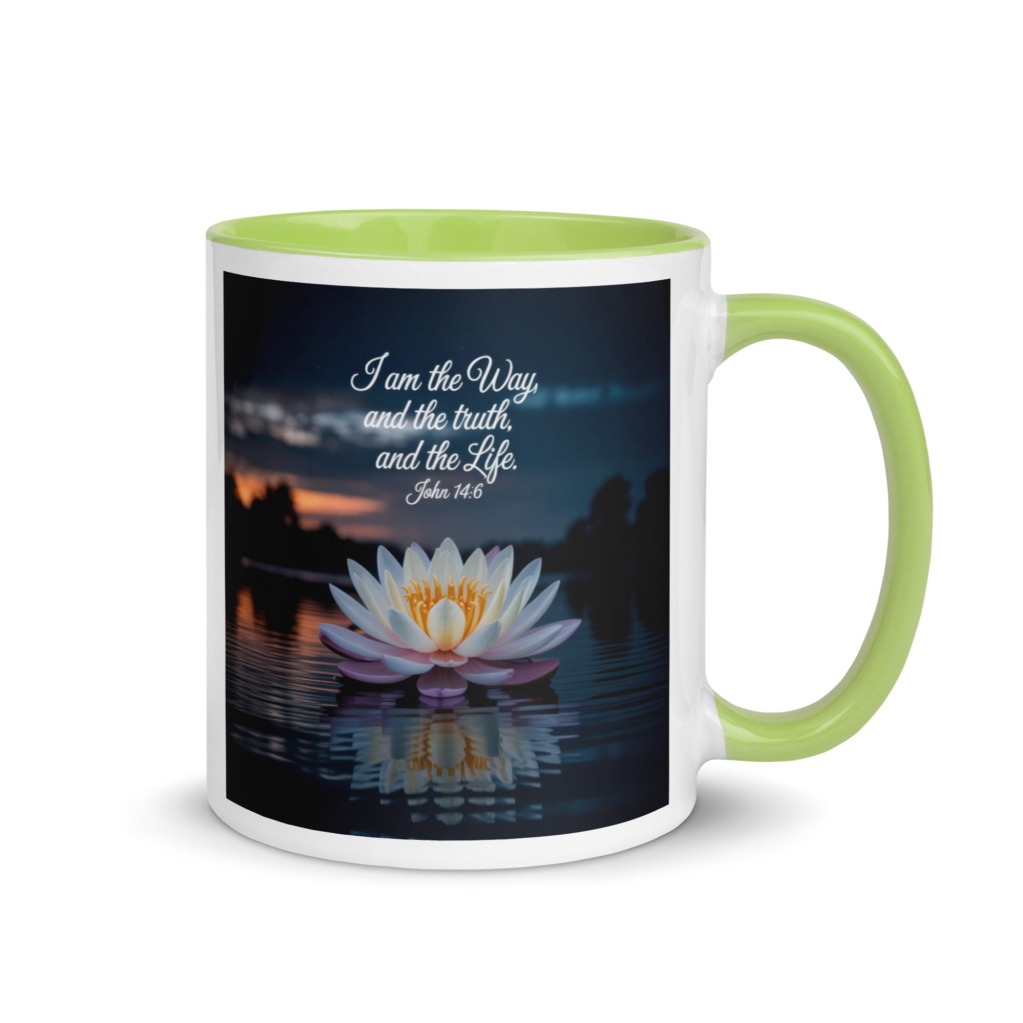 John 14:6 Bible Verse The Father White Ceramic Mug with Color Inside Green 11 oz