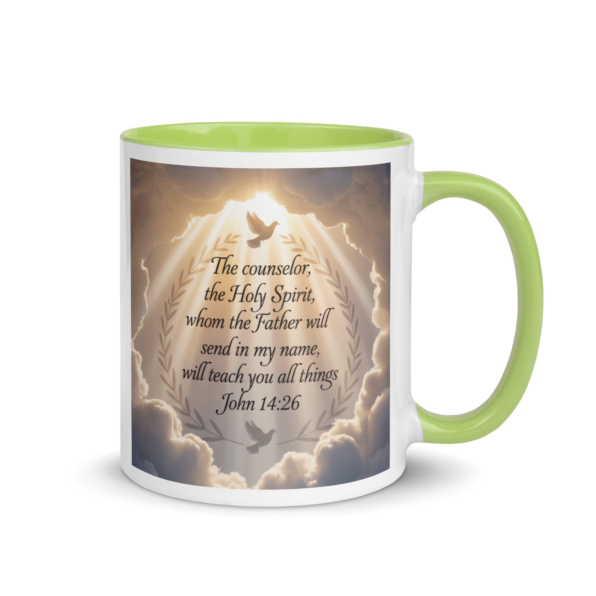 John 14:26 Bible Verse Counselor White Ceramic Mug with Color Inside Green 11 oz