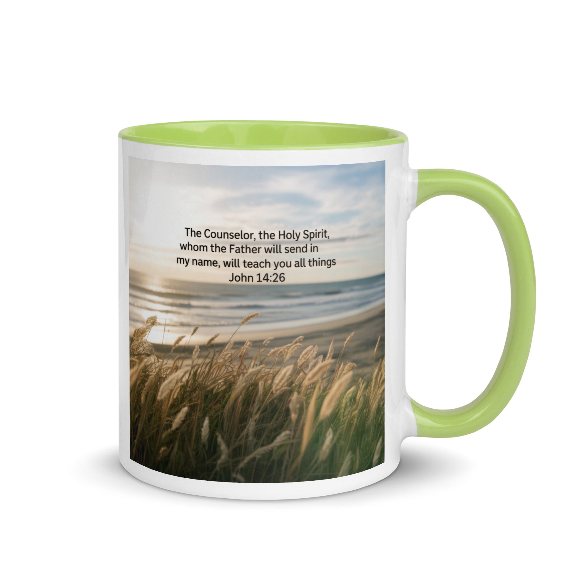 John 14:26 Bible Verse in my name White Ceramic Mug with Color Inside Green 11 oz
