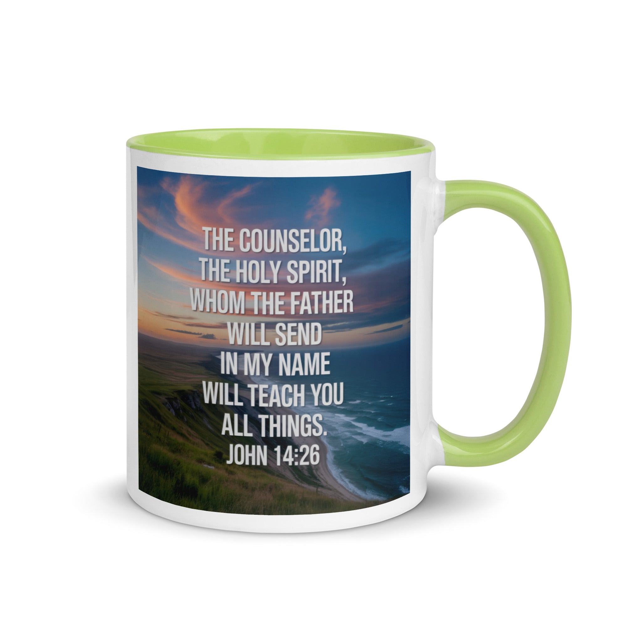 John 14:26 Bible Verse will teach White Ceramic Mug with Color Inside Green 11 oz