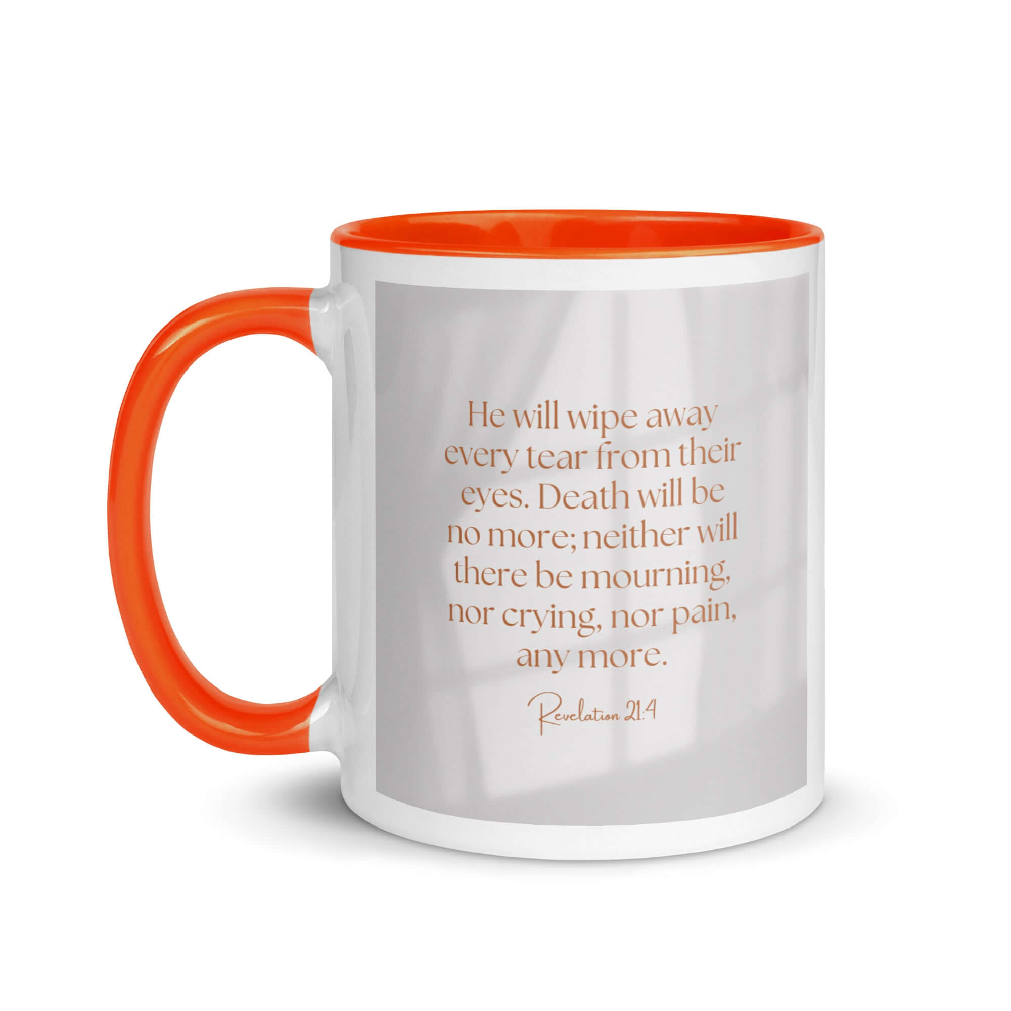 Revelation 21:4 Bible Verse, He will wipe White Ceramic Mug with Color Inside