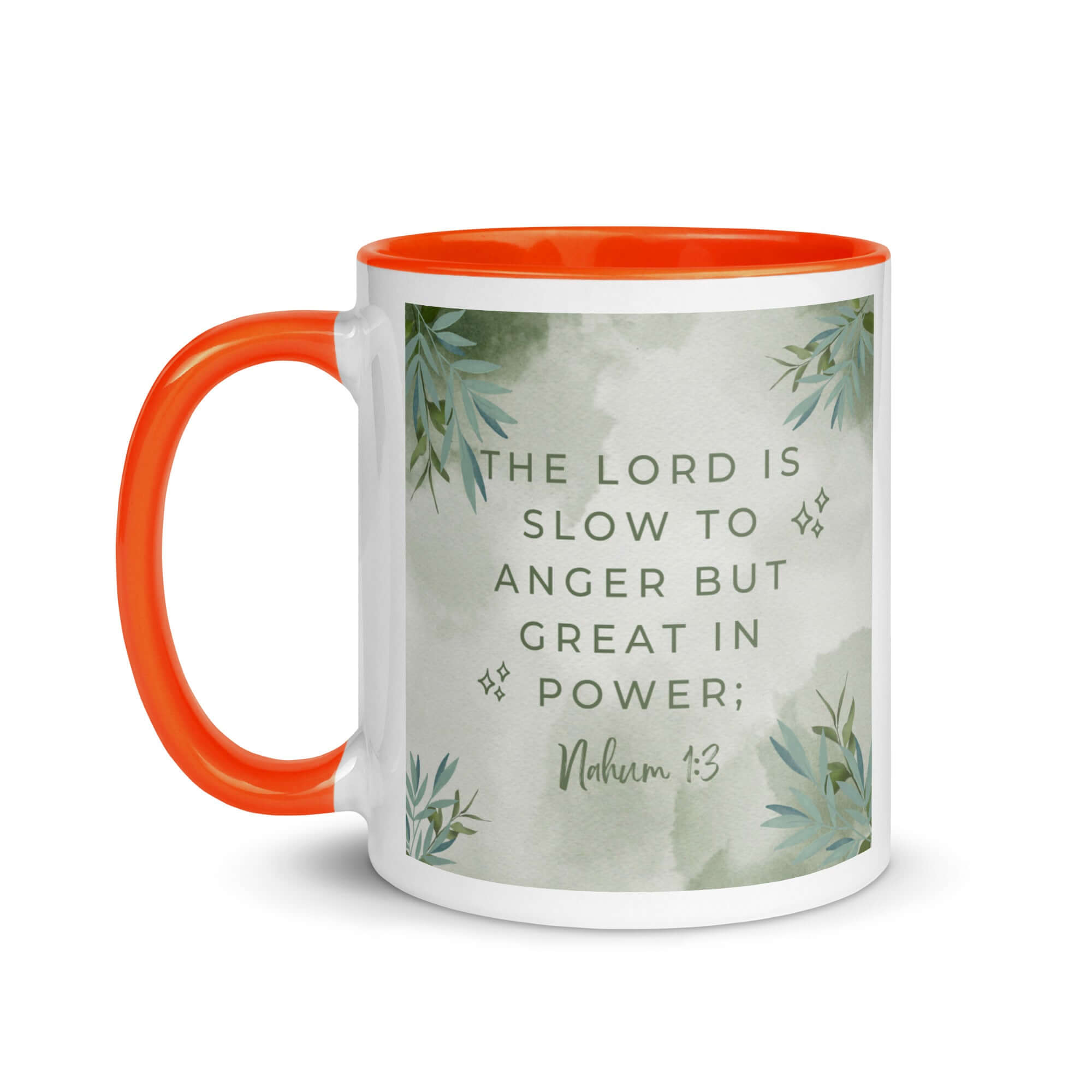 Nahum 1:3 Bible Verse, The Lord is slow White Ceramic Mug with Color Inside