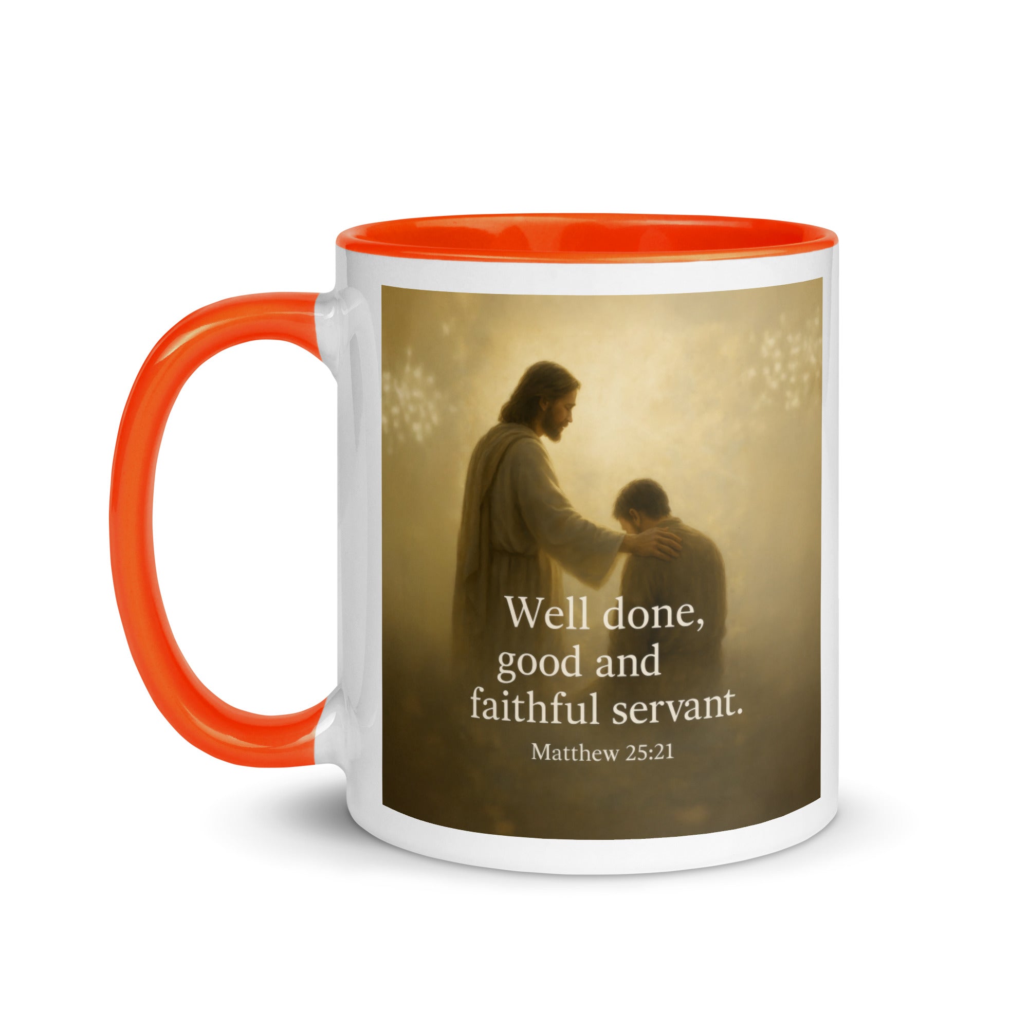 Matthew 25:21 Bible Verse Well Done White Ceramic Mug with Color Inside