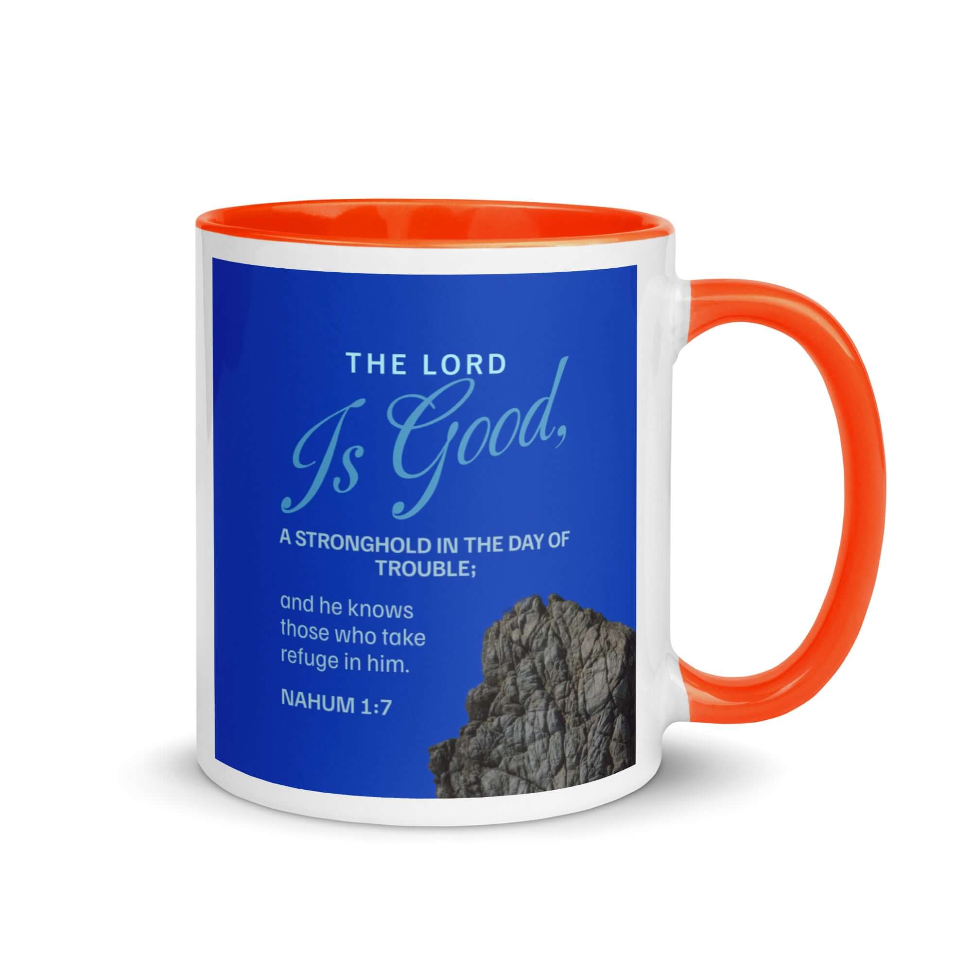 Nahum 1:7 - Bible Verse, The LORD is a stronghold White Ceramic Mug with Color Inside