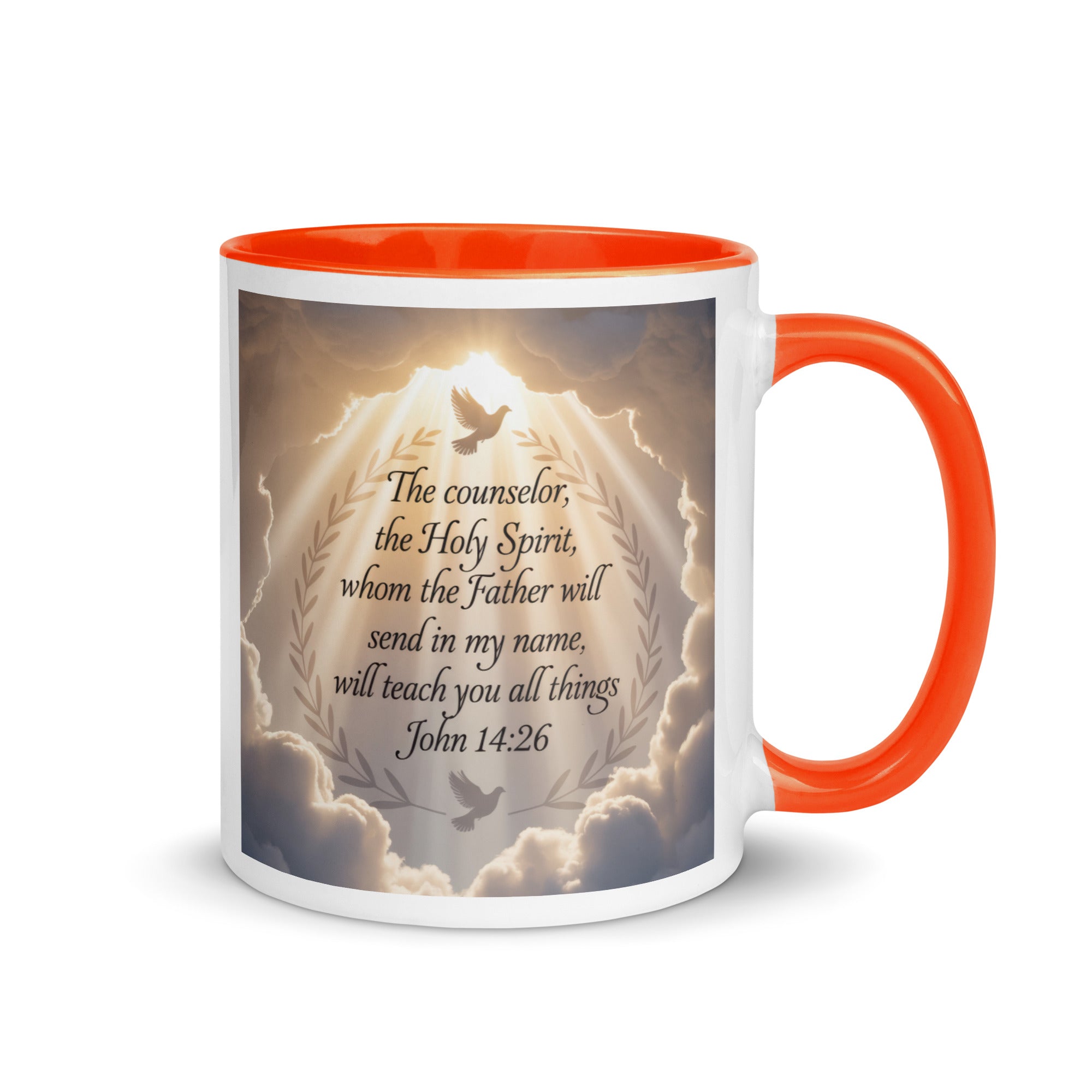 John 14:26 Bible Verse Counselor White Ceramic Mug with Color Inside Orange 11 oz