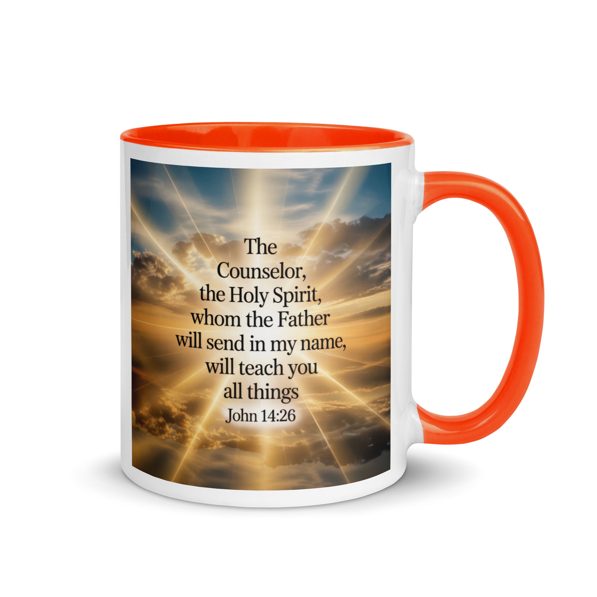 John 14:26 Bible Verse will send White Ceramic Mug with Color Inside Orange 11 oz