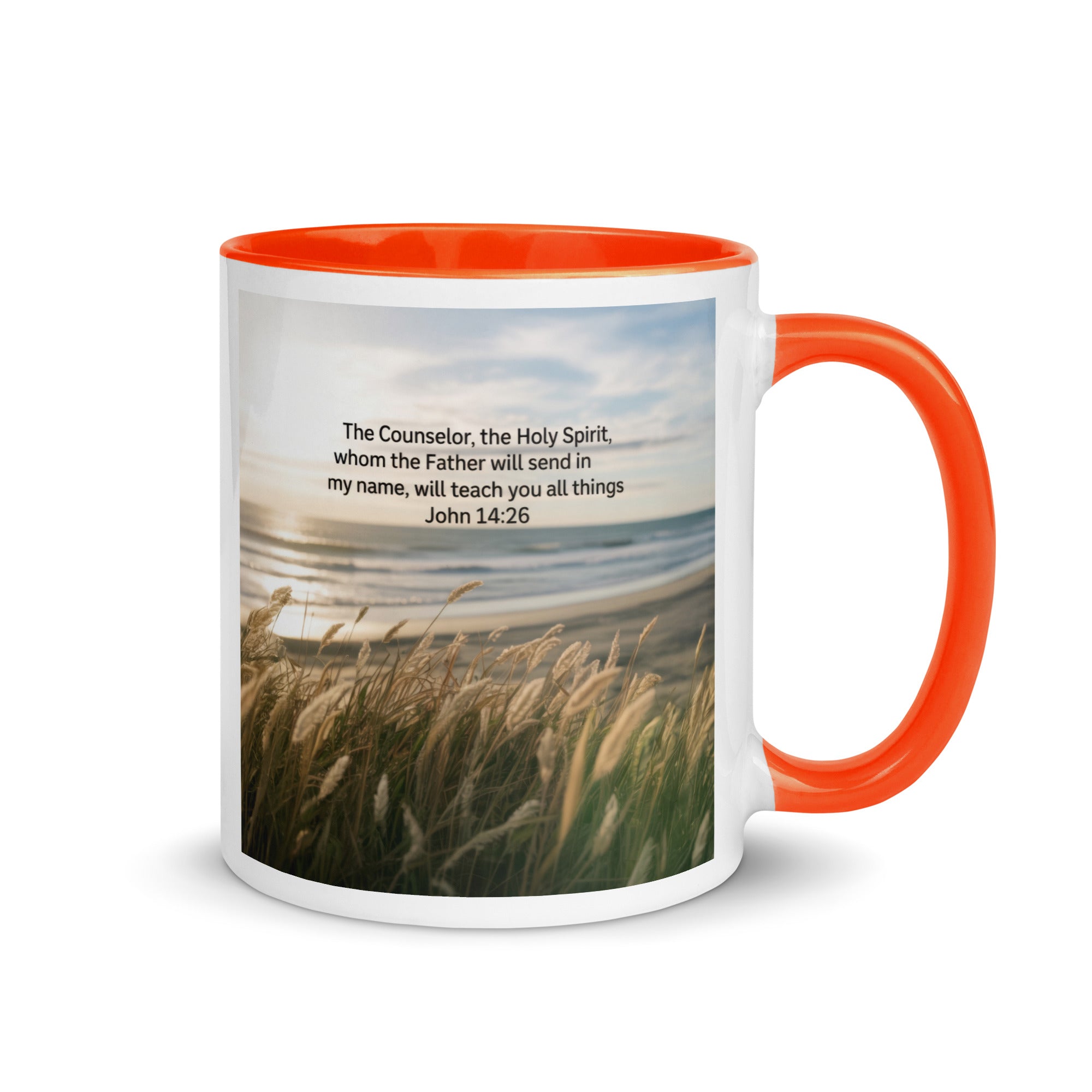 John 14:26 Bible Verse in my name White Ceramic Mug with Color Inside Orange 11 oz
