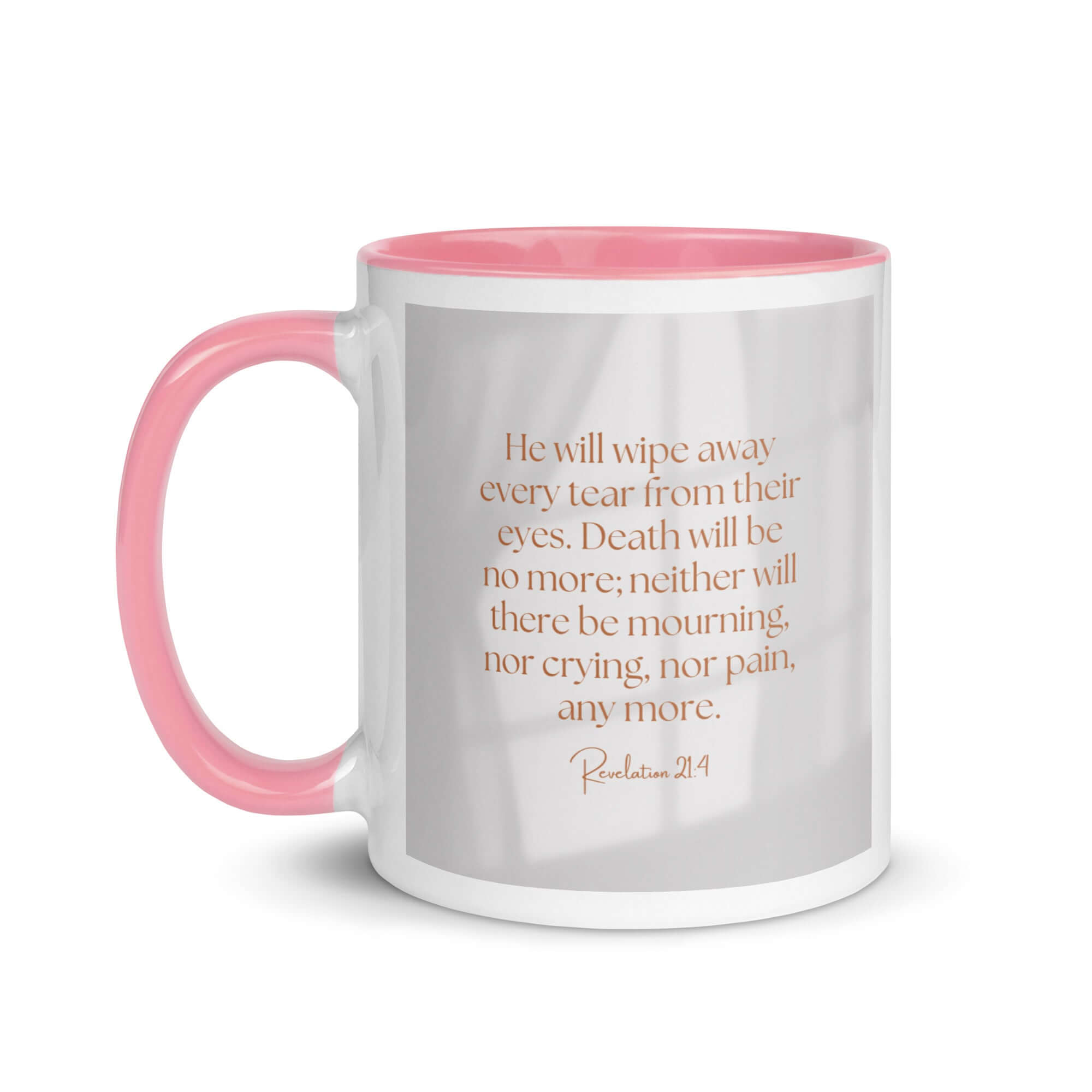 Revelation 21:4 Bible Verse, He will wipe White Ceramic Mug with Color Inside