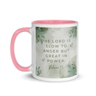 Nahum 1:3 Bible Verse, The Lord is slow White Ceramic Mug with Color Inside