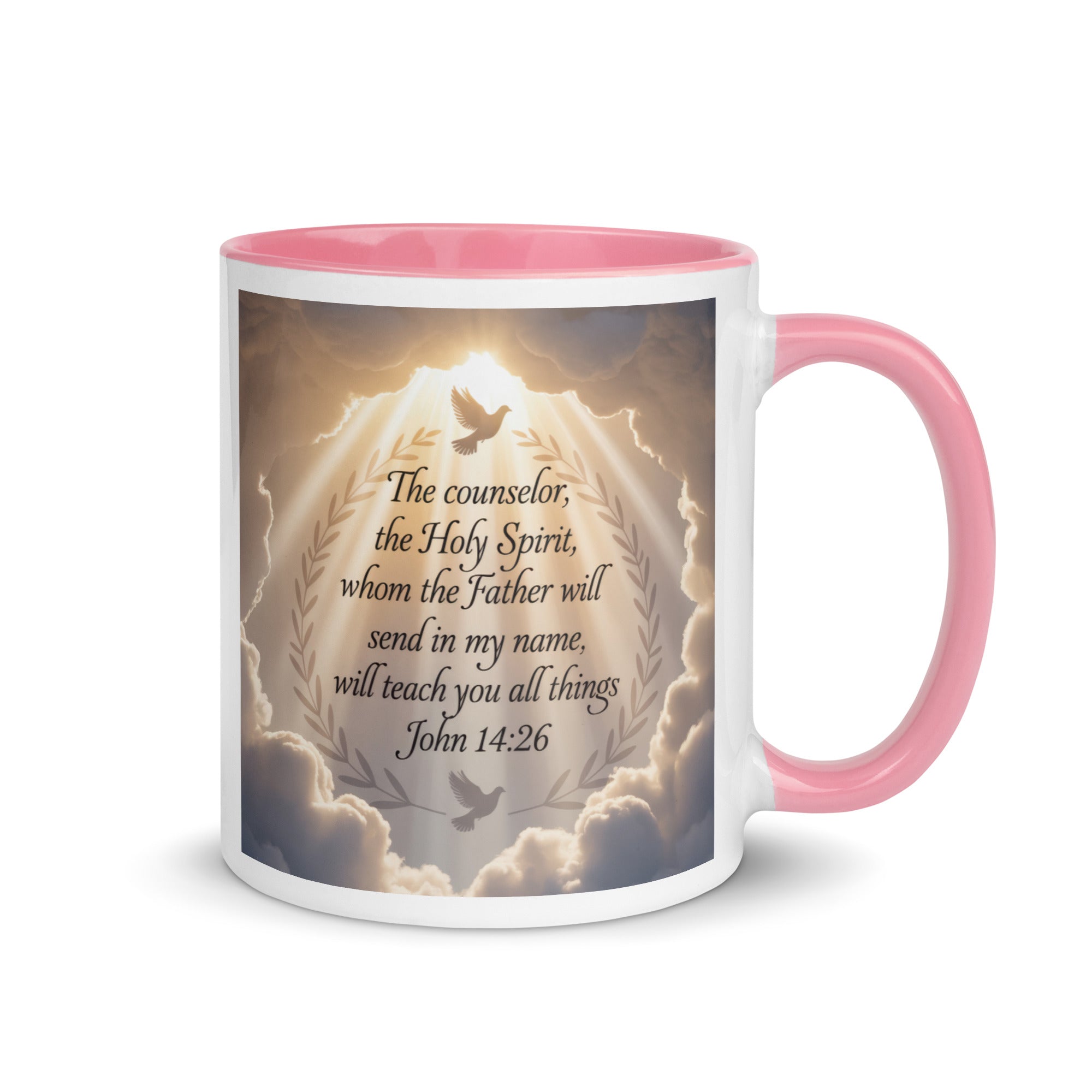 John 14:26 Bible Verse Counselor White Ceramic Mug with Color Inside Pink 11 oz