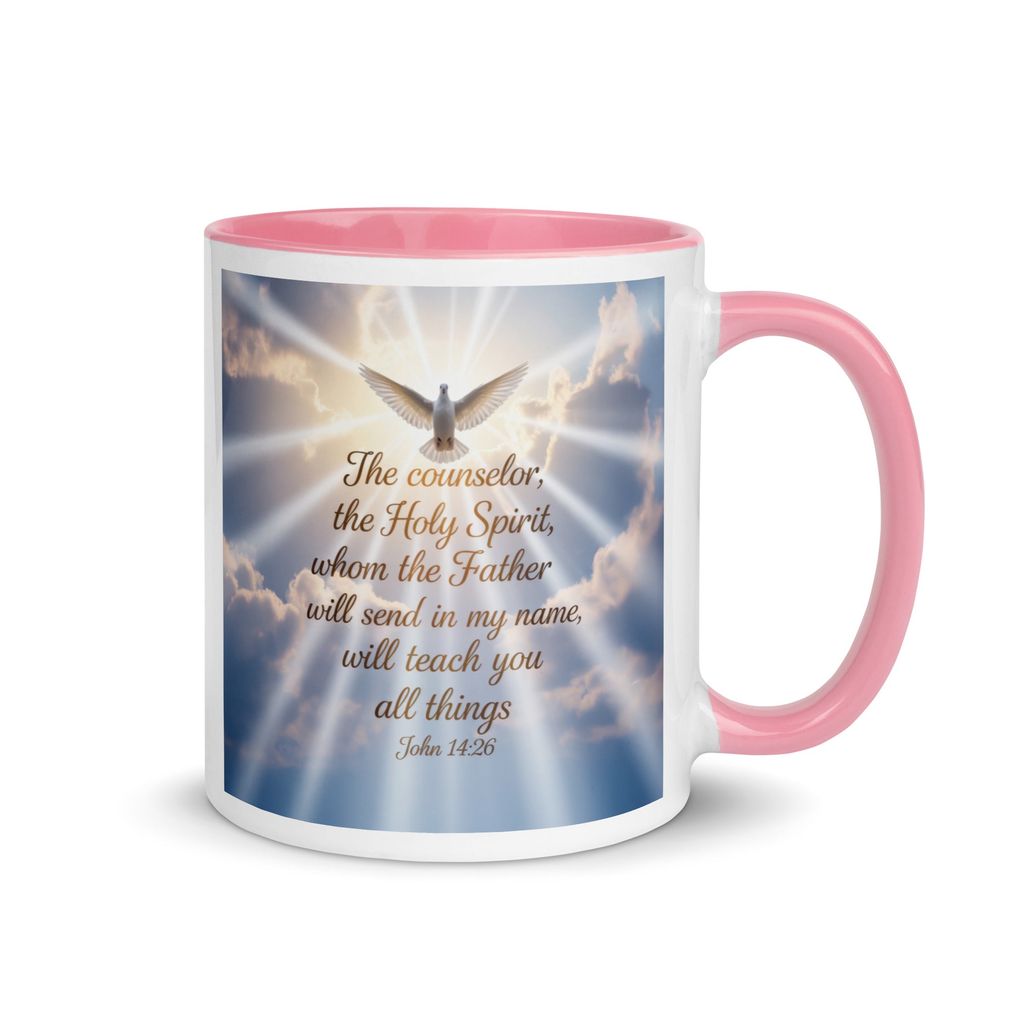 John 14:26 Bible Verse Father White Ceramic Mug with Color Inside Pink 11 oz