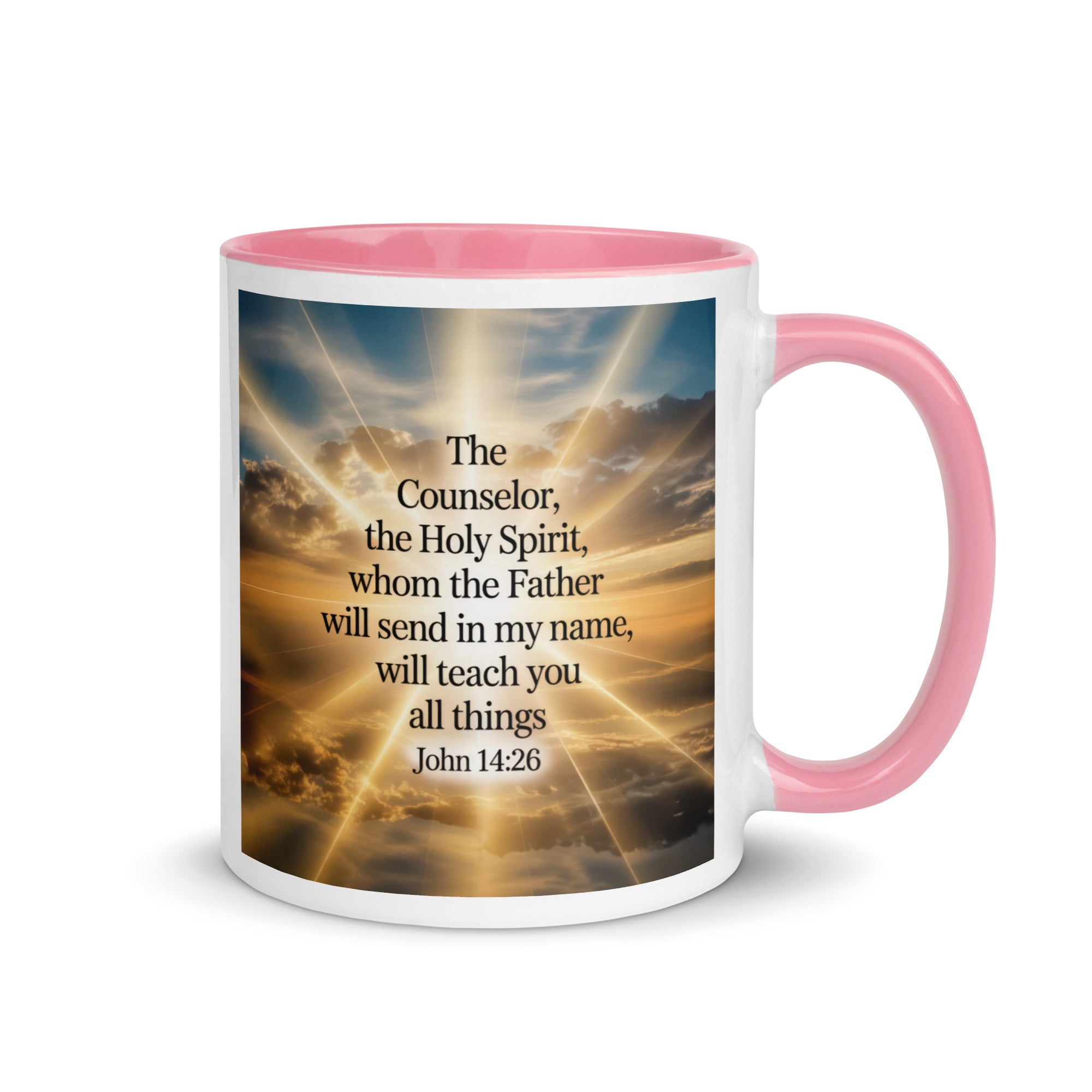 John 14:26 Bible Verse will send White Ceramic Mug with Color Inside Pink 11 oz
