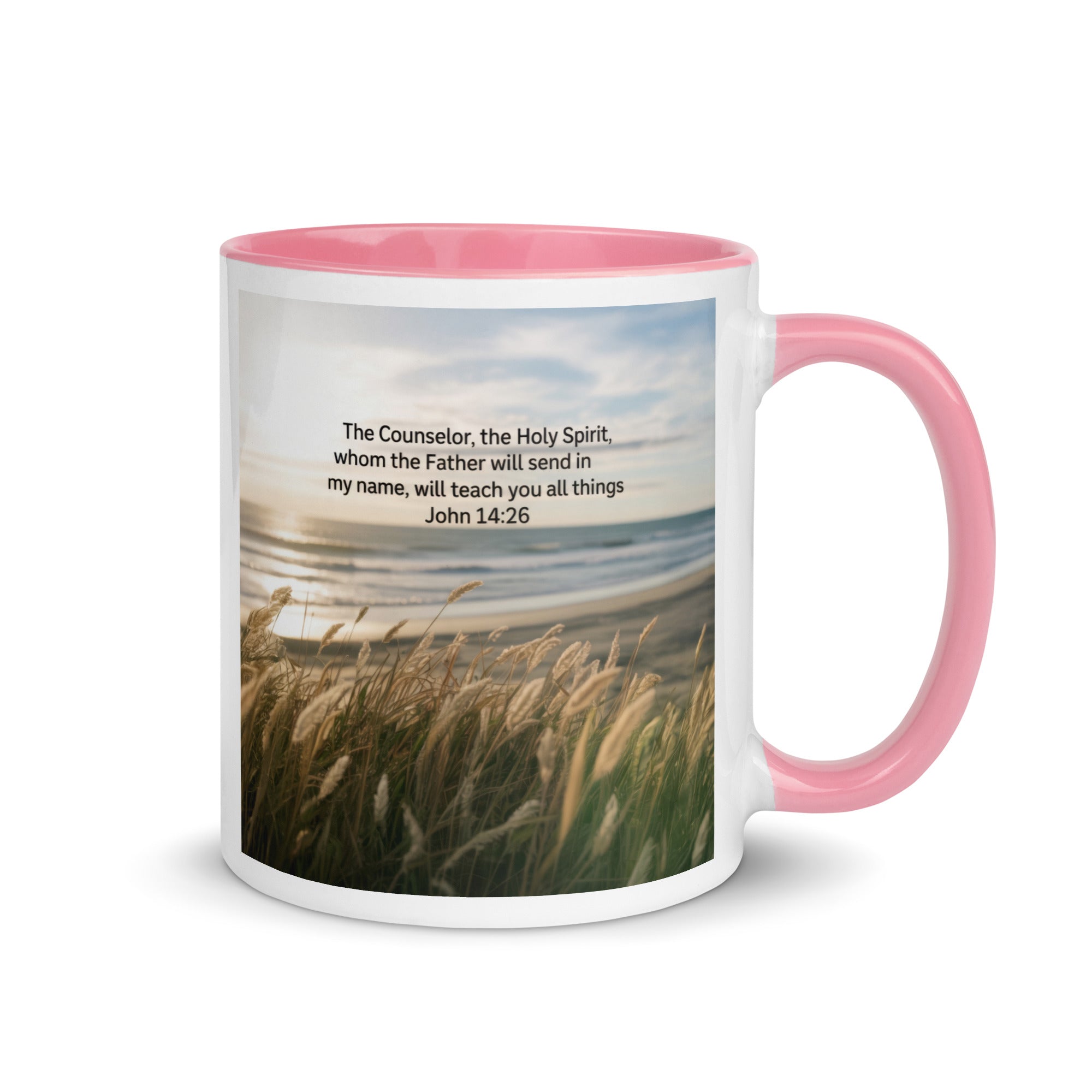 John 14:26 Bible Verse in my name White Ceramic Mug with Color Inside Pink 11 oz