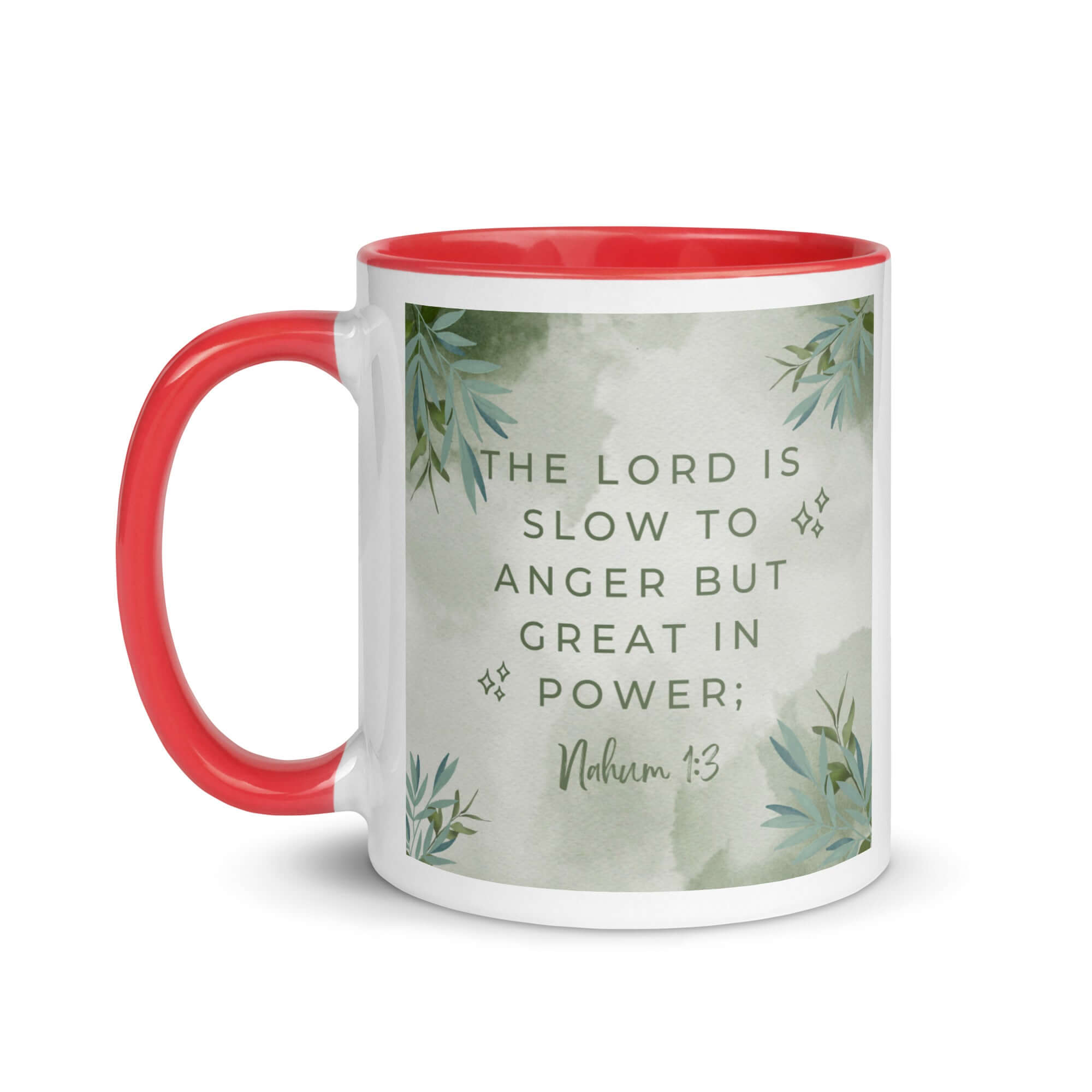 Nahum 1:3 Bible Verse, The Lord is slow White Ceramic Mug with Color Inside