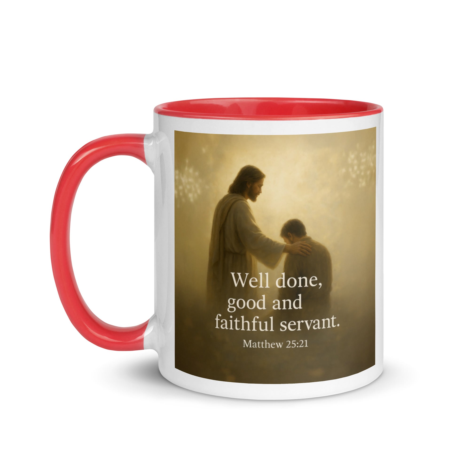 Matthew 25:21 Bible Verse Well Done White Ceramic Mug with Color Inside