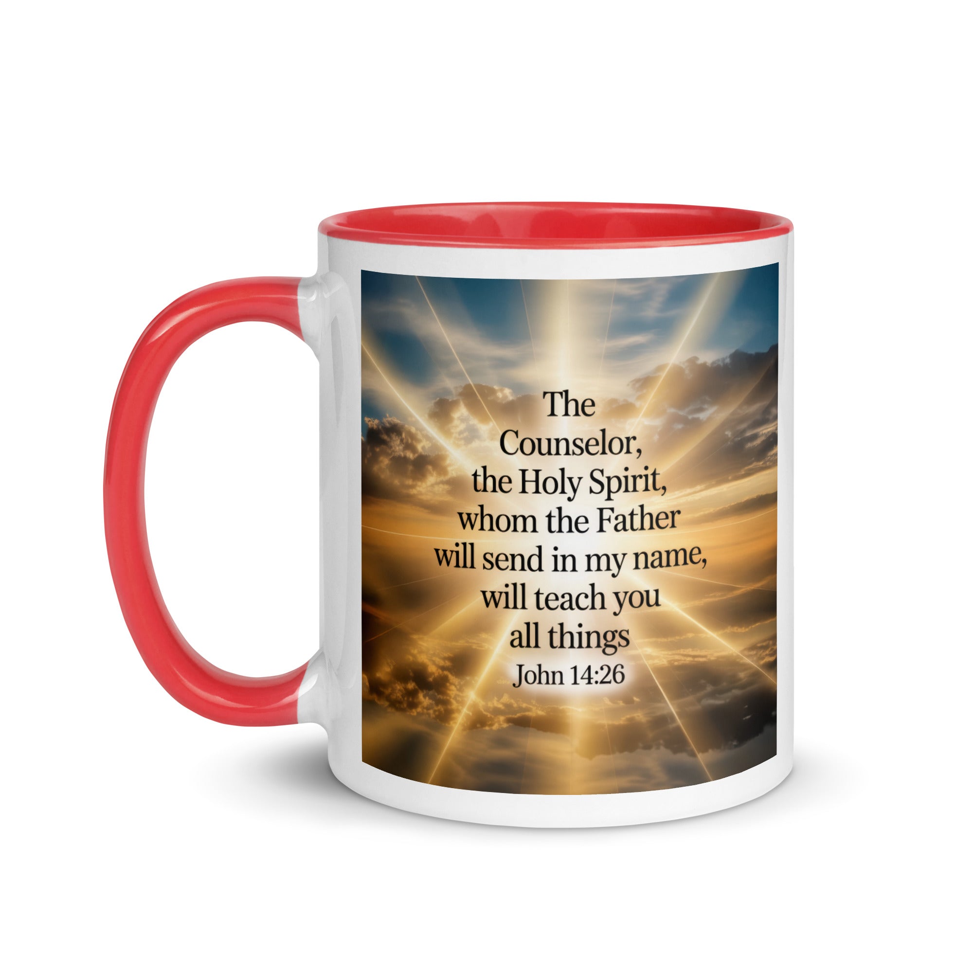 John 14:26 Bible Verse will send White Ceramic Mug with Color Inside