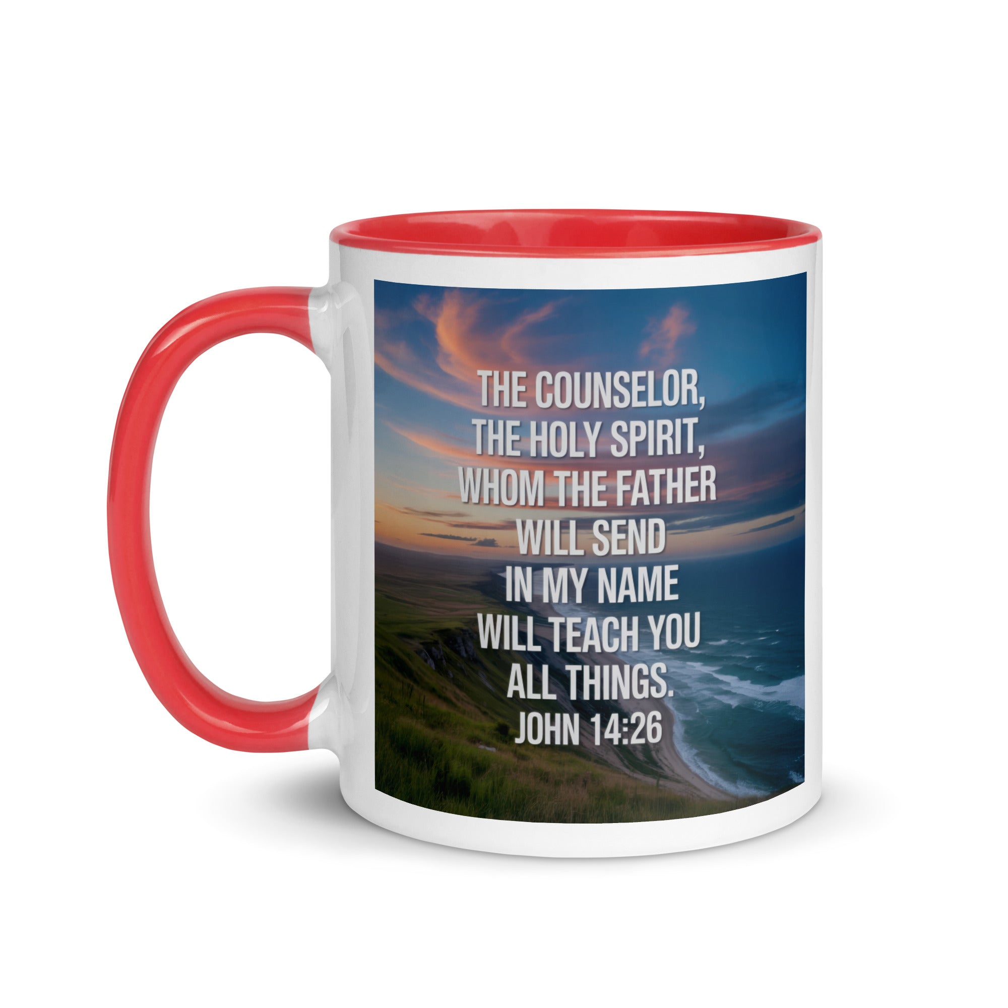 John 14:26 Bible Verse will teach White Ceramic Mug with Color Inside