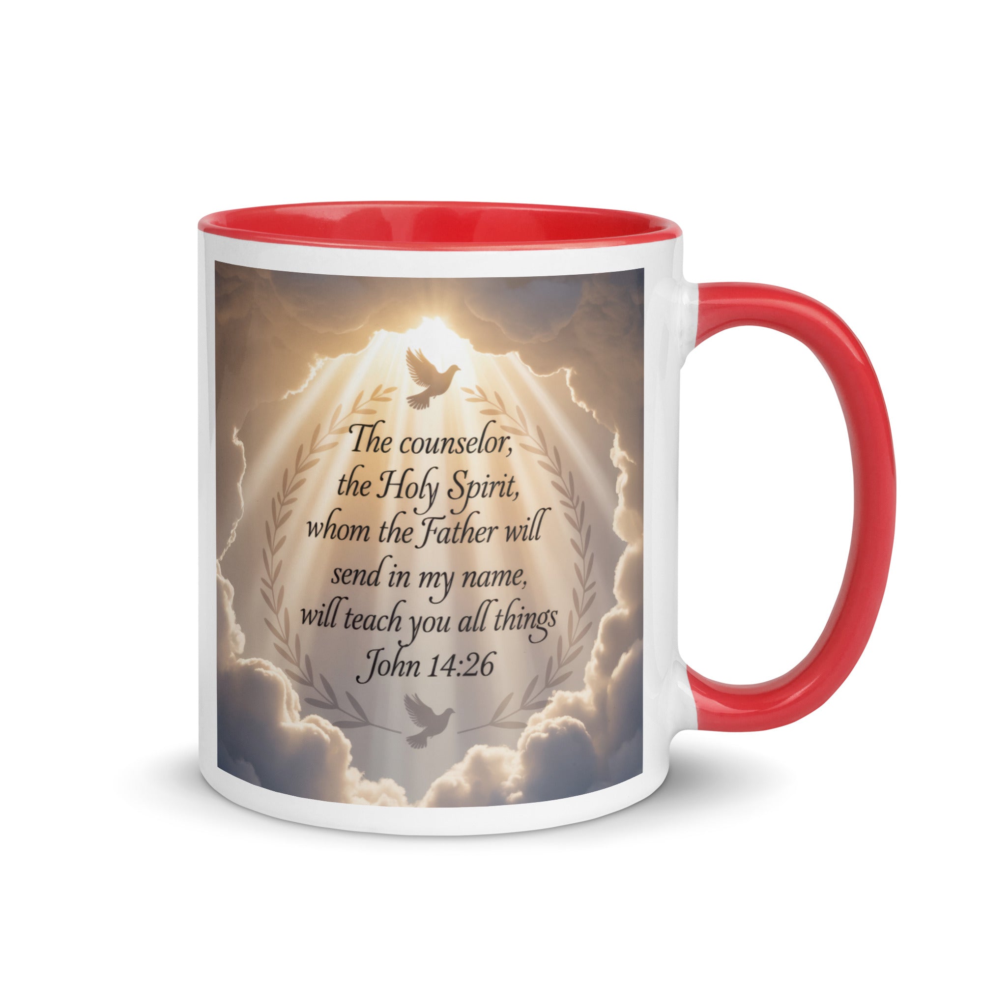 John 14:26 Bible Verse Counselor White Ceramic Mug with Color Inside Red 11 oz