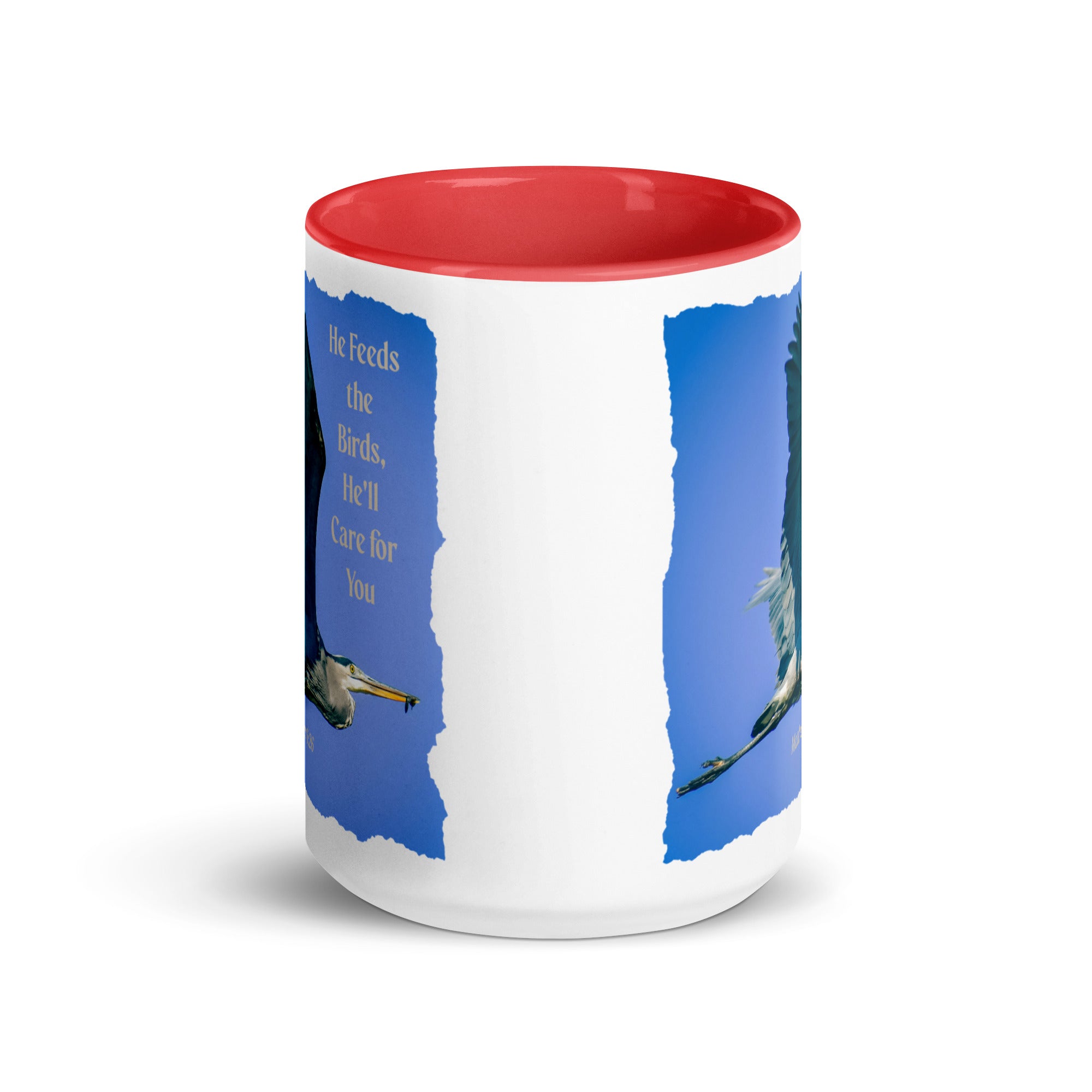 Matt 6:26, Graceful Heron, He'll Care for You White Ceramic Mug with Color Inside