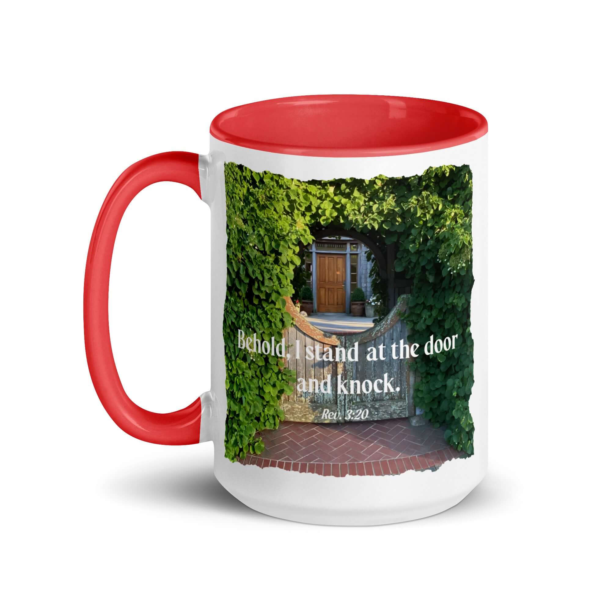 Rev 3:20 Bible Verse, Garden Doorway White Ceramic Mug with Color Inside