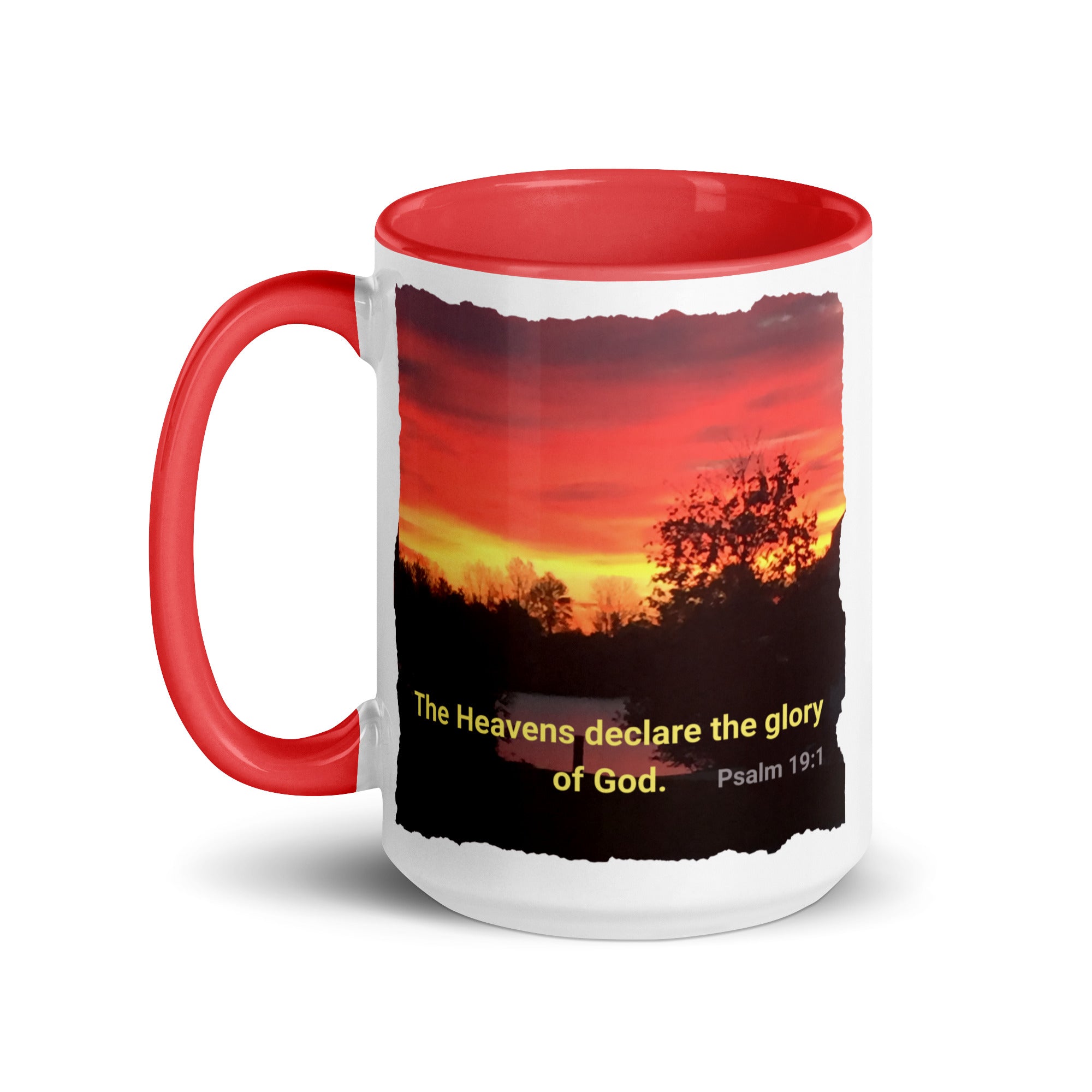 Psalm 19:1 Bible Verse, Sunset Glory White Ceramic Mug with Color Inside