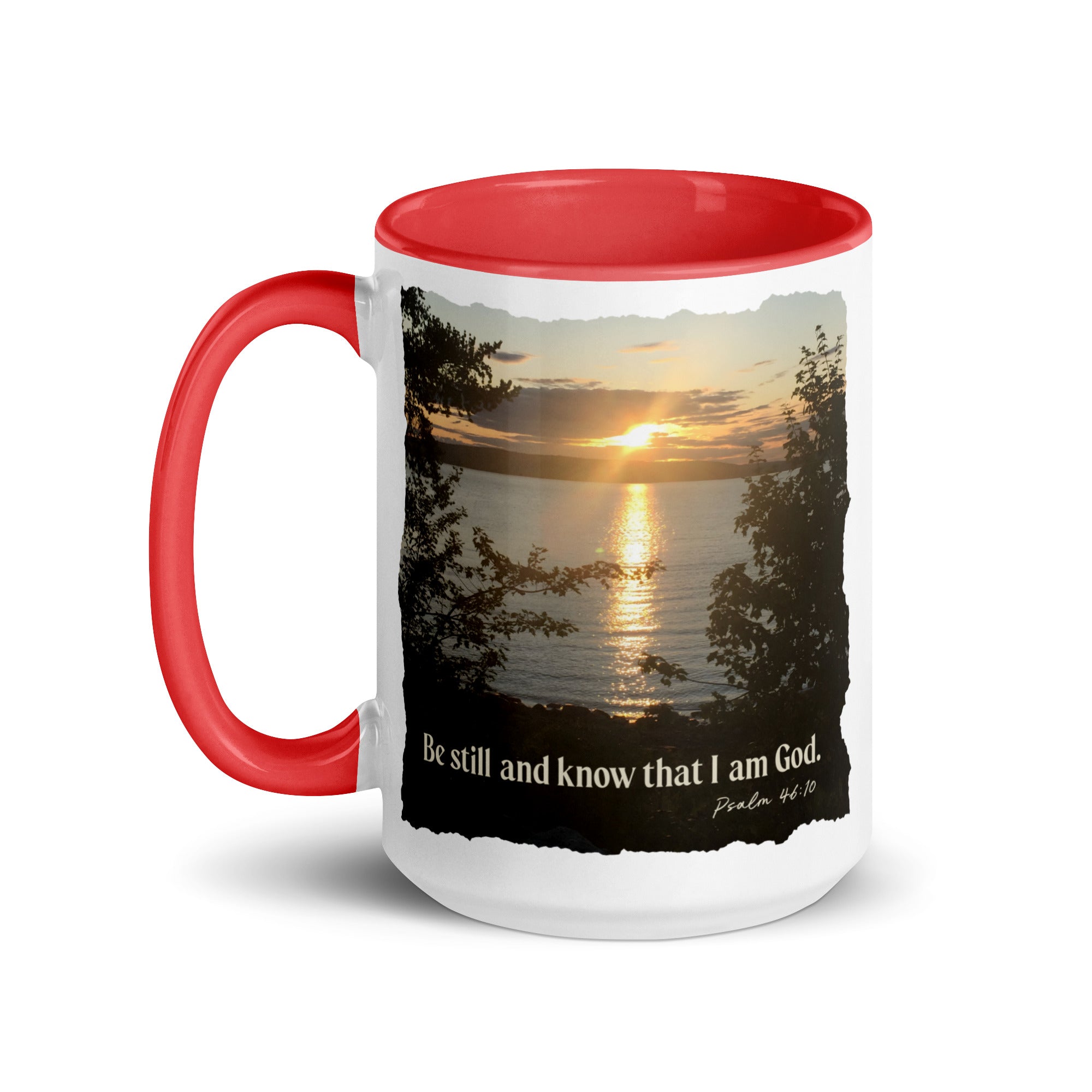 Psalm 46:10 Bible Verse, Sunset Glory White Ceramic Mug with Color Inside