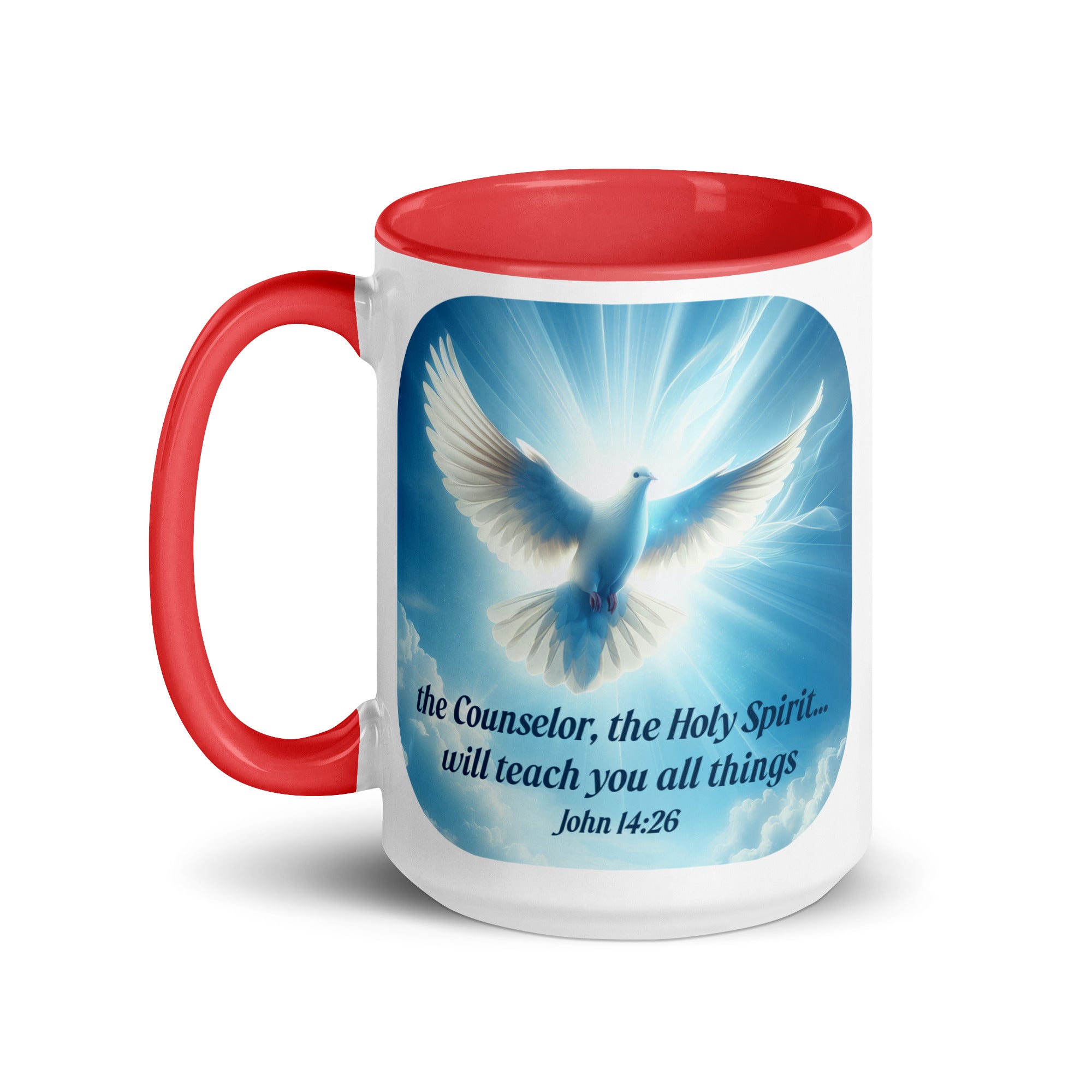 John 14:26 - Bible Verse, Holy Spirit Dove White Ceramic Mug with Color Inside