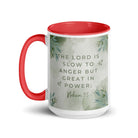 Nahum 1:3 Bible Verse, The Lord is slow White Ceramic Mug with Color Inside