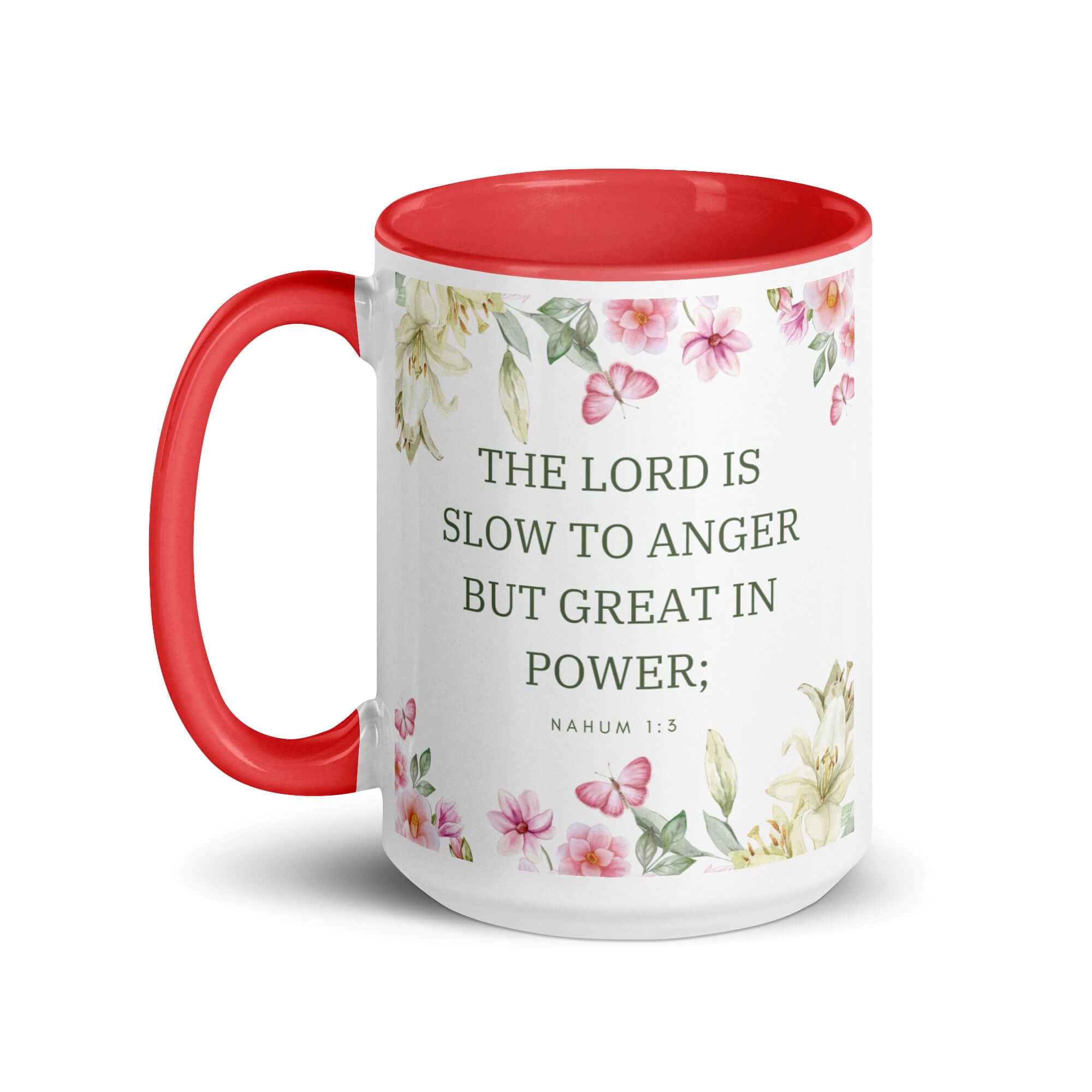 Nahum 1:3 Bible Verse, slow to anger White Ceramic Mug with Color Inside