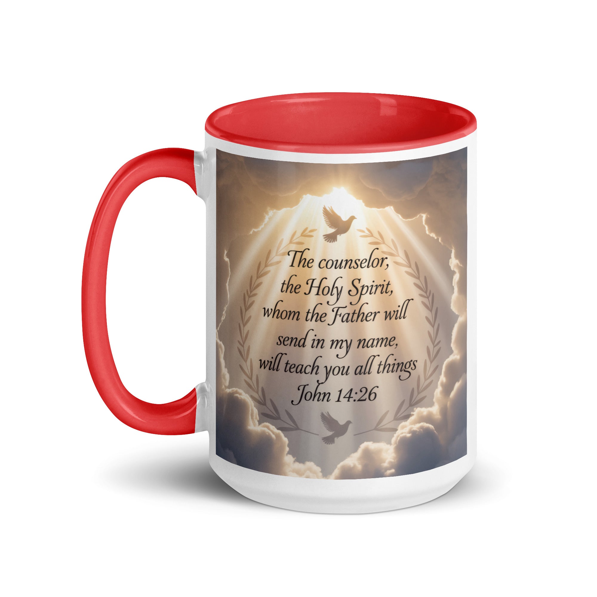 John 14:26 Bible Verse Counselor White Ceramic Mug with Color Inside