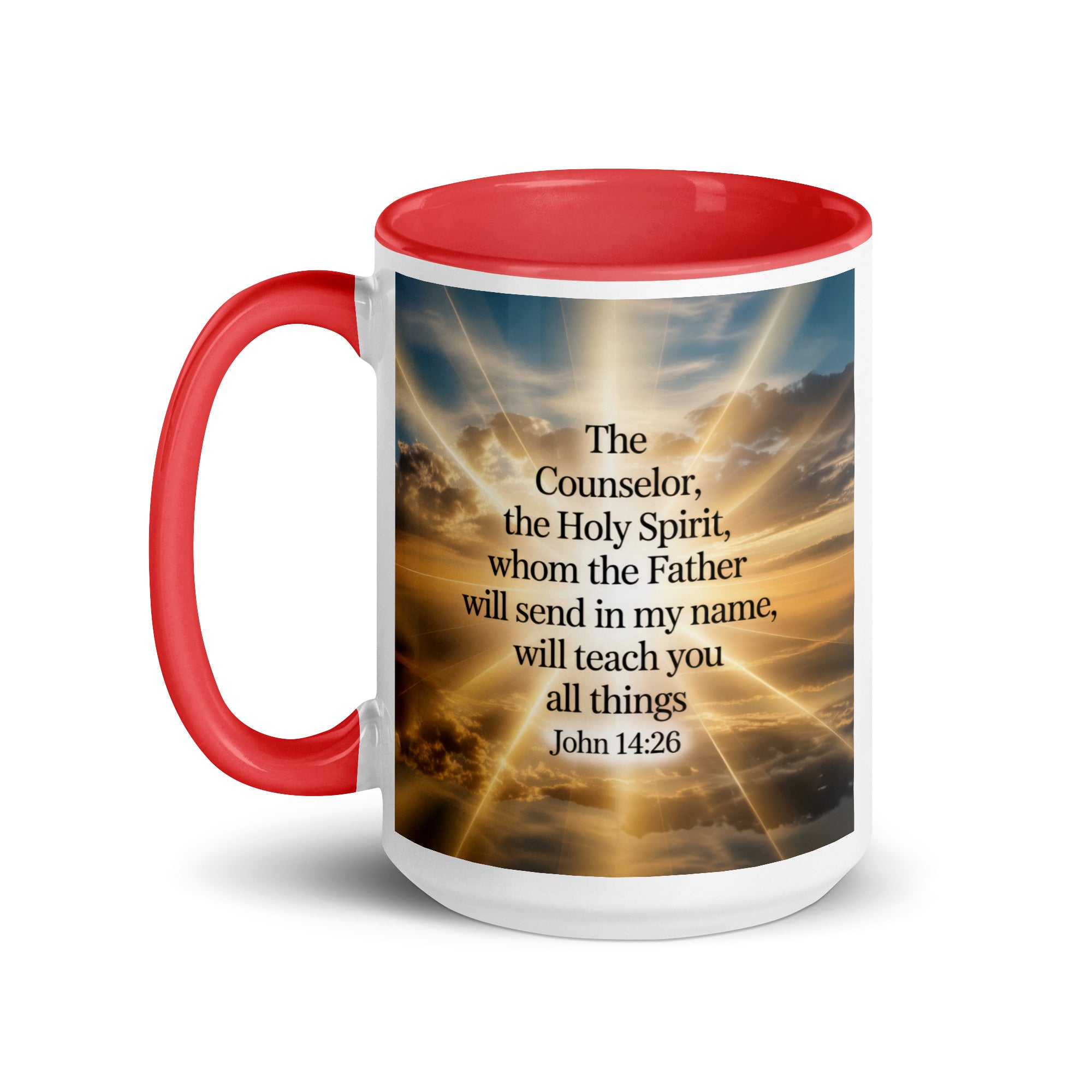 John 14:26 Bible Verse will send White Ceramic Mug with Color Inside