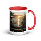 Psalm 46:10 Bible Verse, Sunset Glory White Ceramic Mug with Color Inside