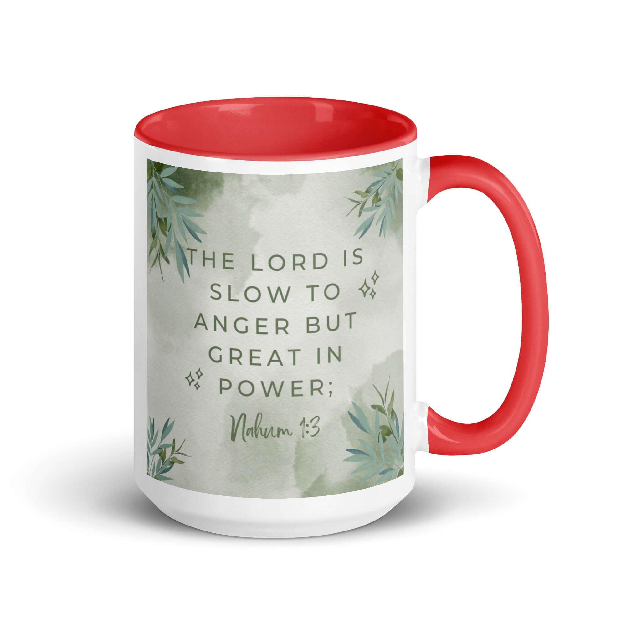 Nahum 1:3 Bible Verse, The Lord is slow White Ceramic Mug with Color Inside