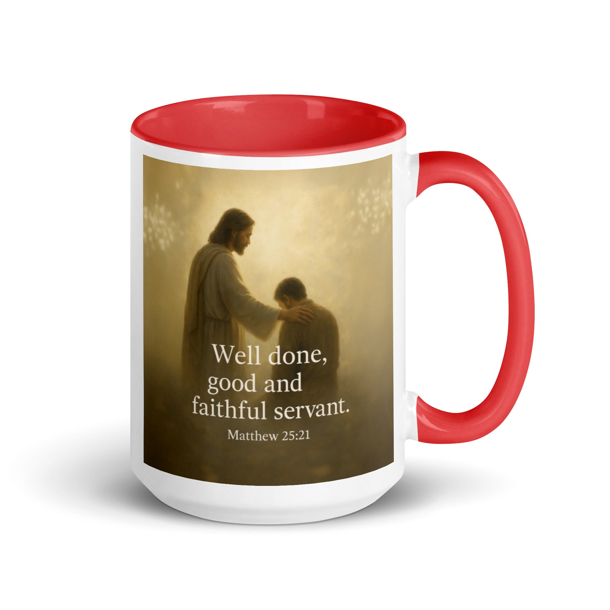 Matthew 25:21 Bible Verse Well Done White Ceramic Mug with Color Inside Red 15 oz