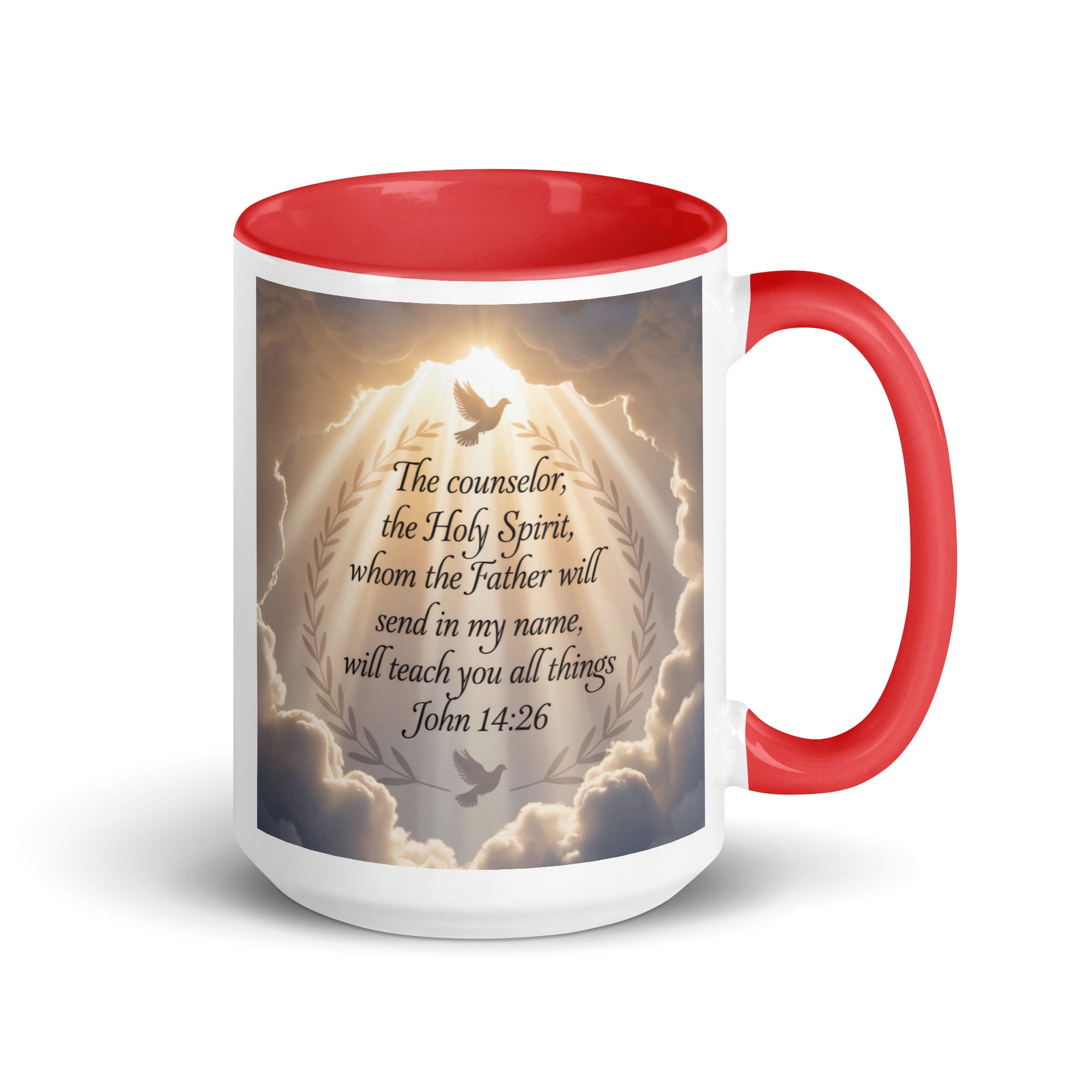 John 14:26 Bible Verse Counselor White Ceramic Mug with Color Inside Red 15 oz