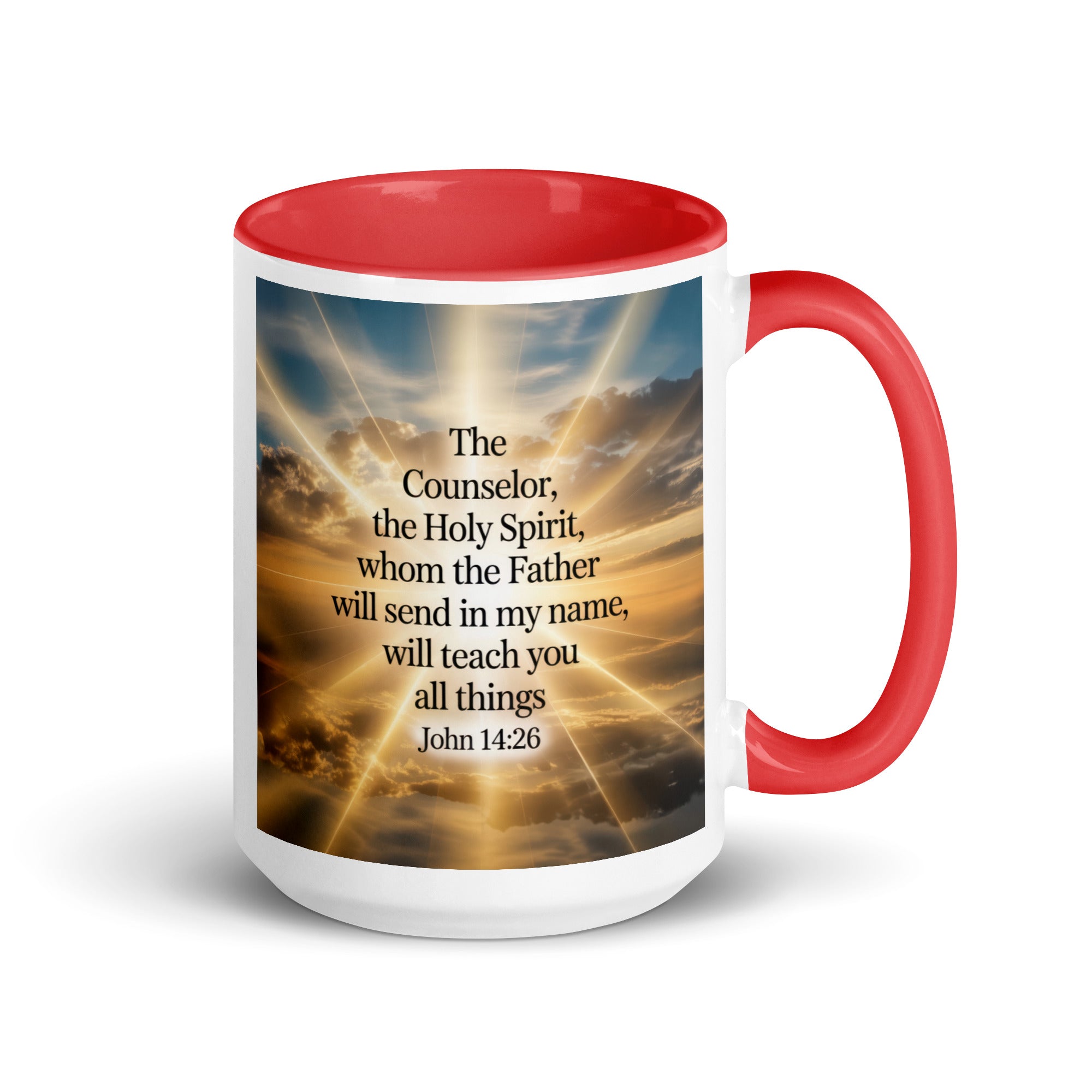 John 14:26 Bible Verse will send White Ceramic Mug with Color Inside Red 15 oz