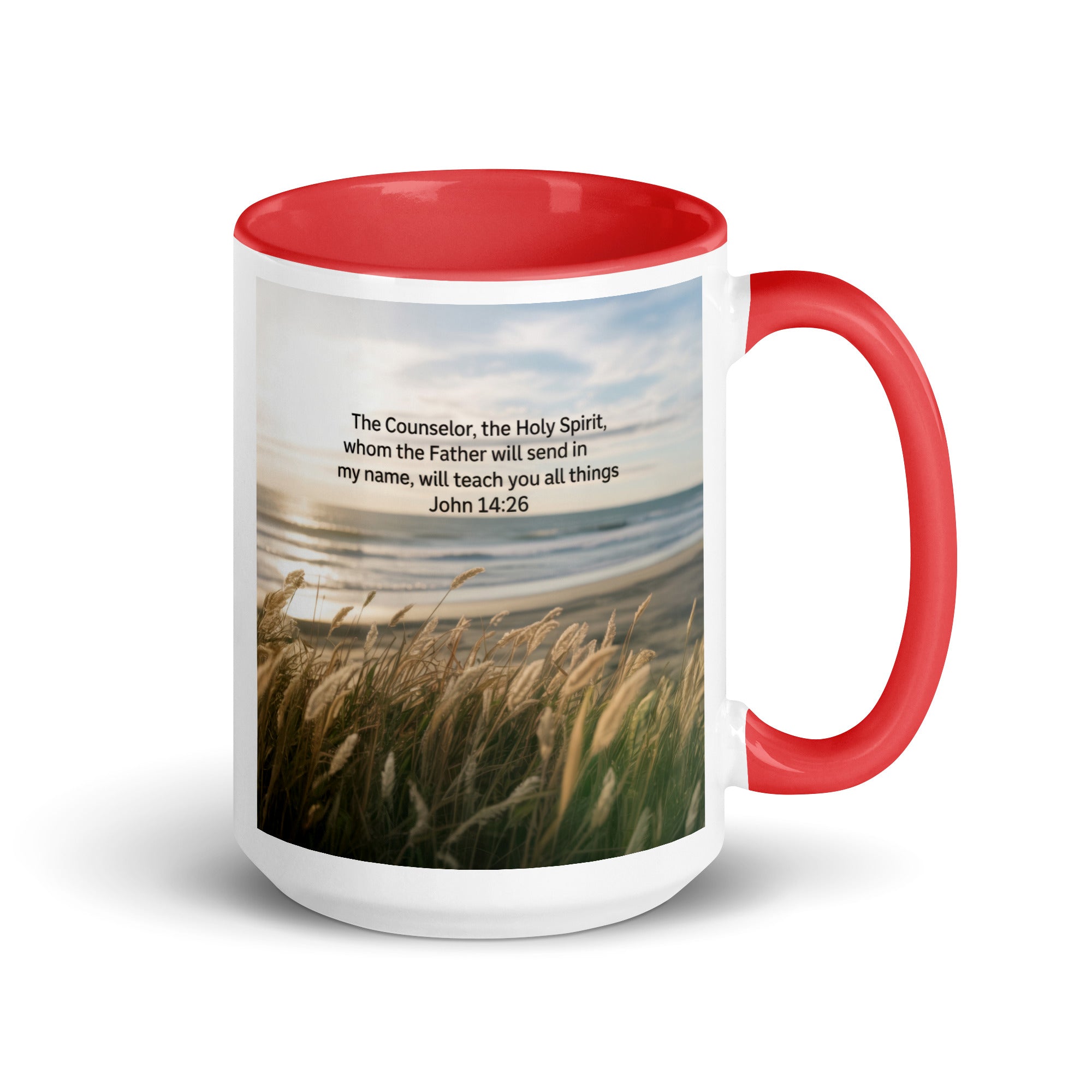 John 14:26 Bible Verse in my name White Ceramic Mug with Color Inside Red 15 oz