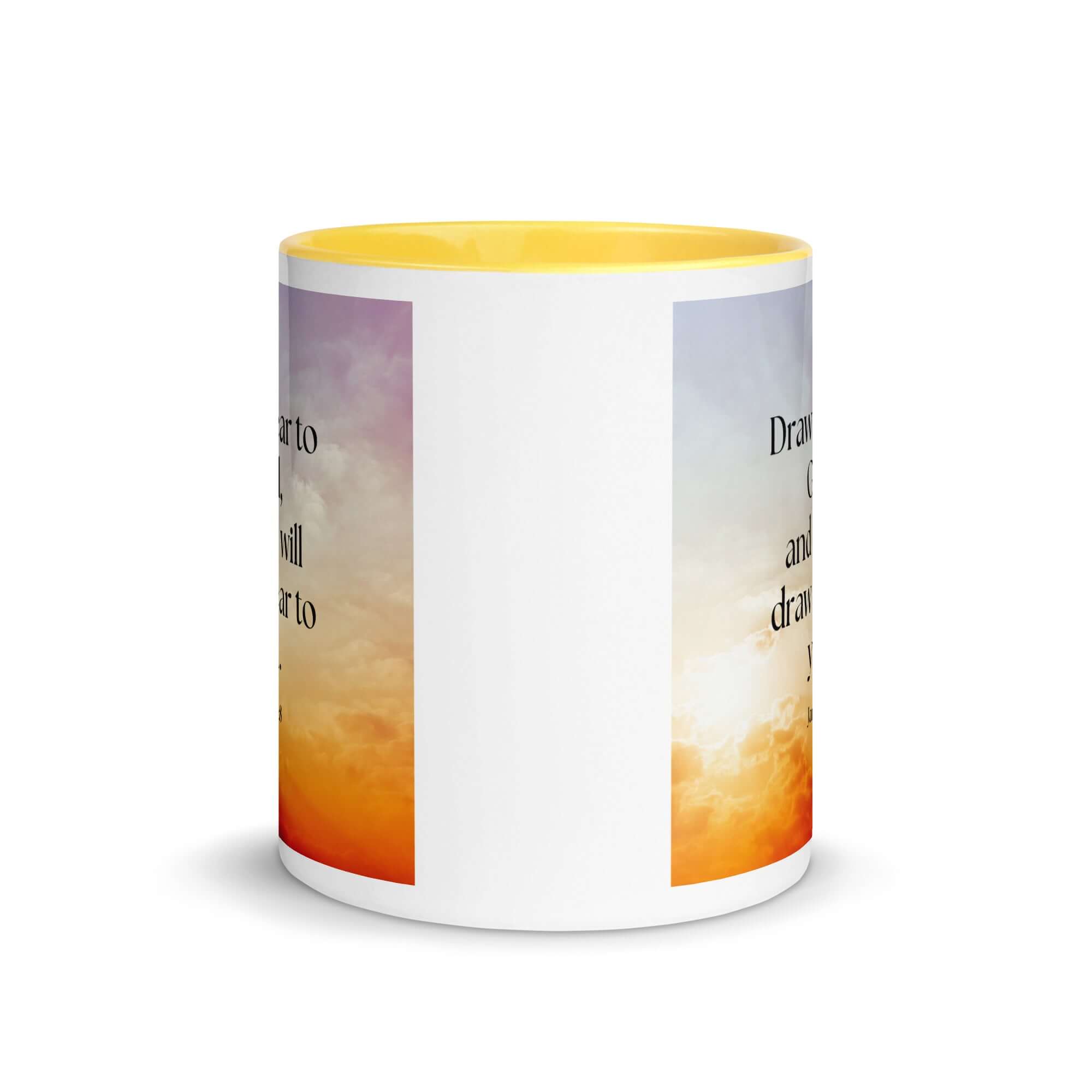 James 4:8 Bible Verse, he will draw White Ceramic Mug with Color Inside