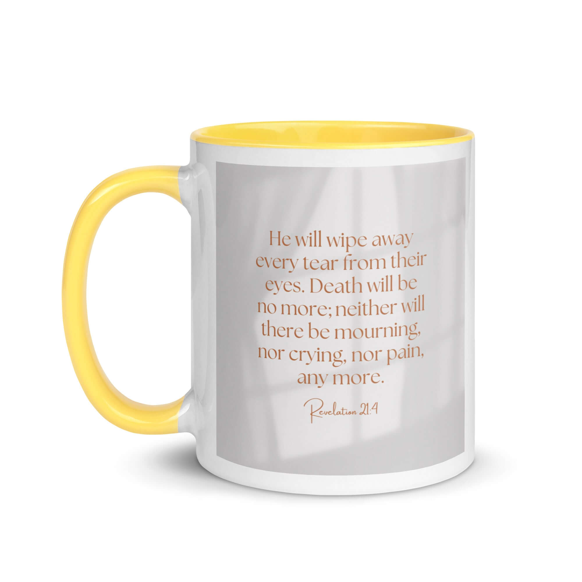 Revelation 21:4 Bible Verse, He will wipe White Ceramic Mug with Color Inside