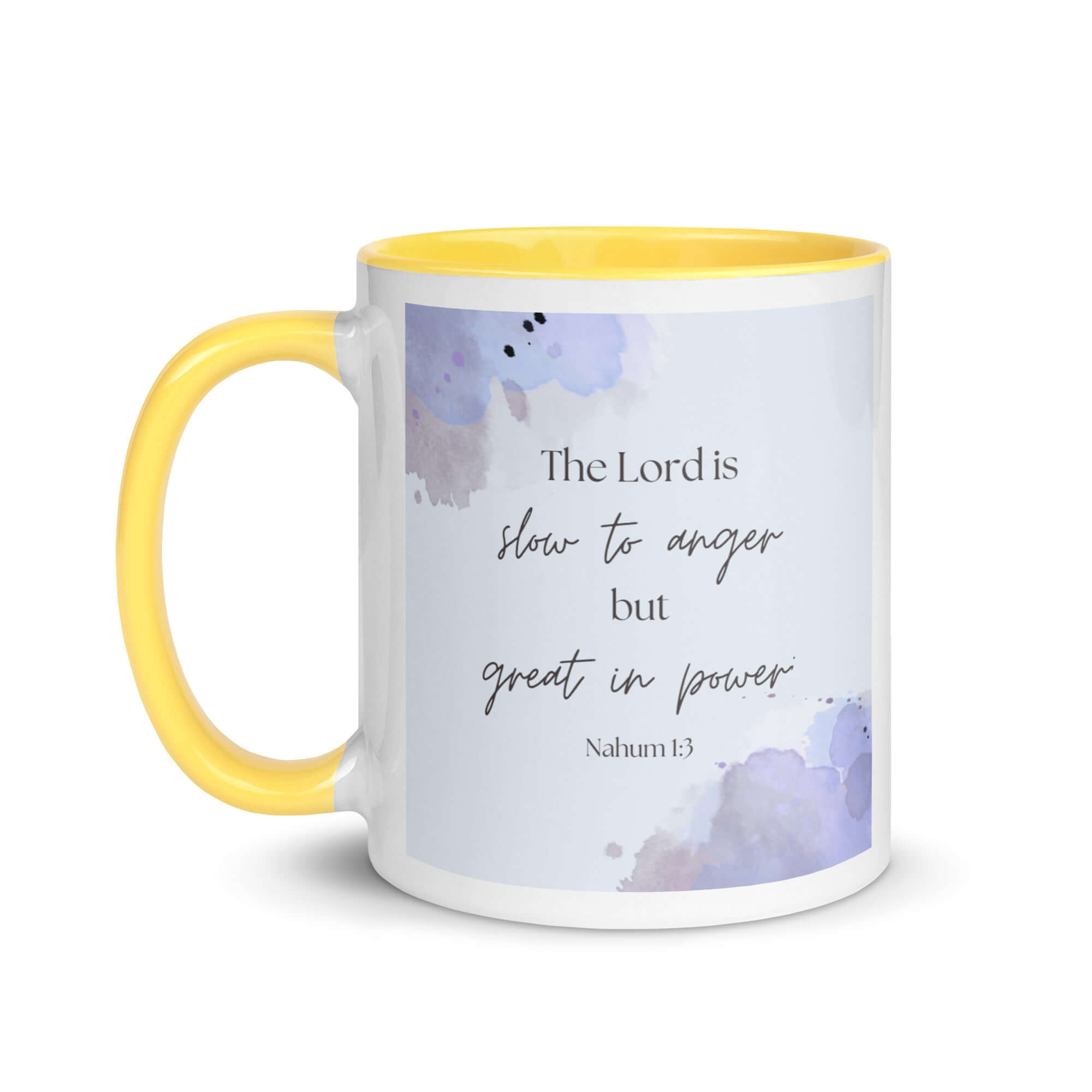 Nahum 1:3 Bible Verse, great in power White Ceramic Mug with Color Inside