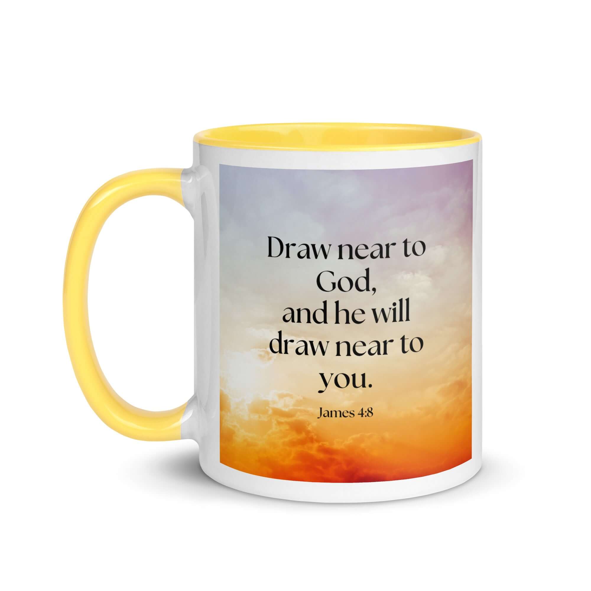 James 4:8 Bible Verse, he will draw White Ceramic Mug with Color Inside