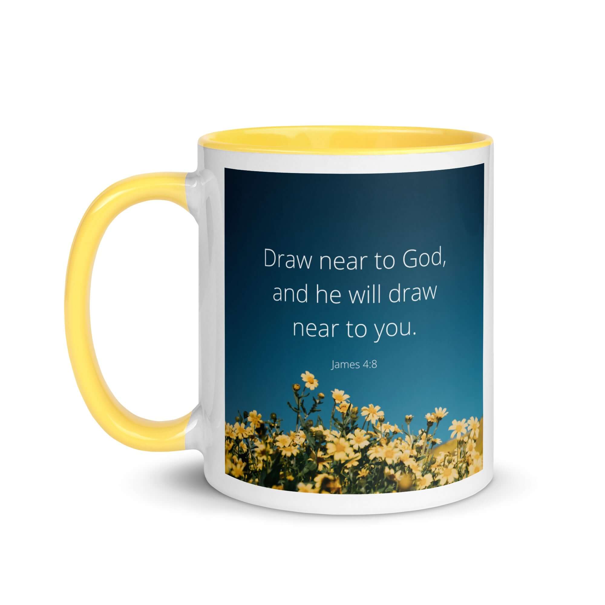 James 4:8 Bible Verse, near to you White Ceramic Mug with Color Inside