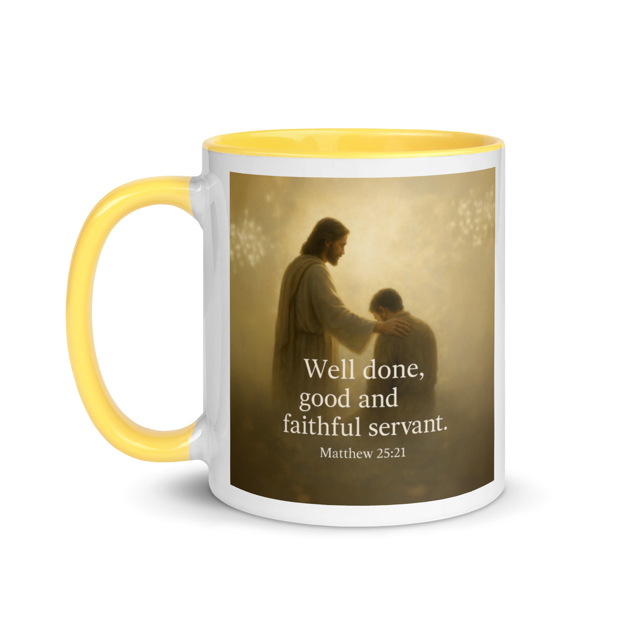 Matthew 25:21 Bible Verse Well Done White Ceramic Mug with Color Inside