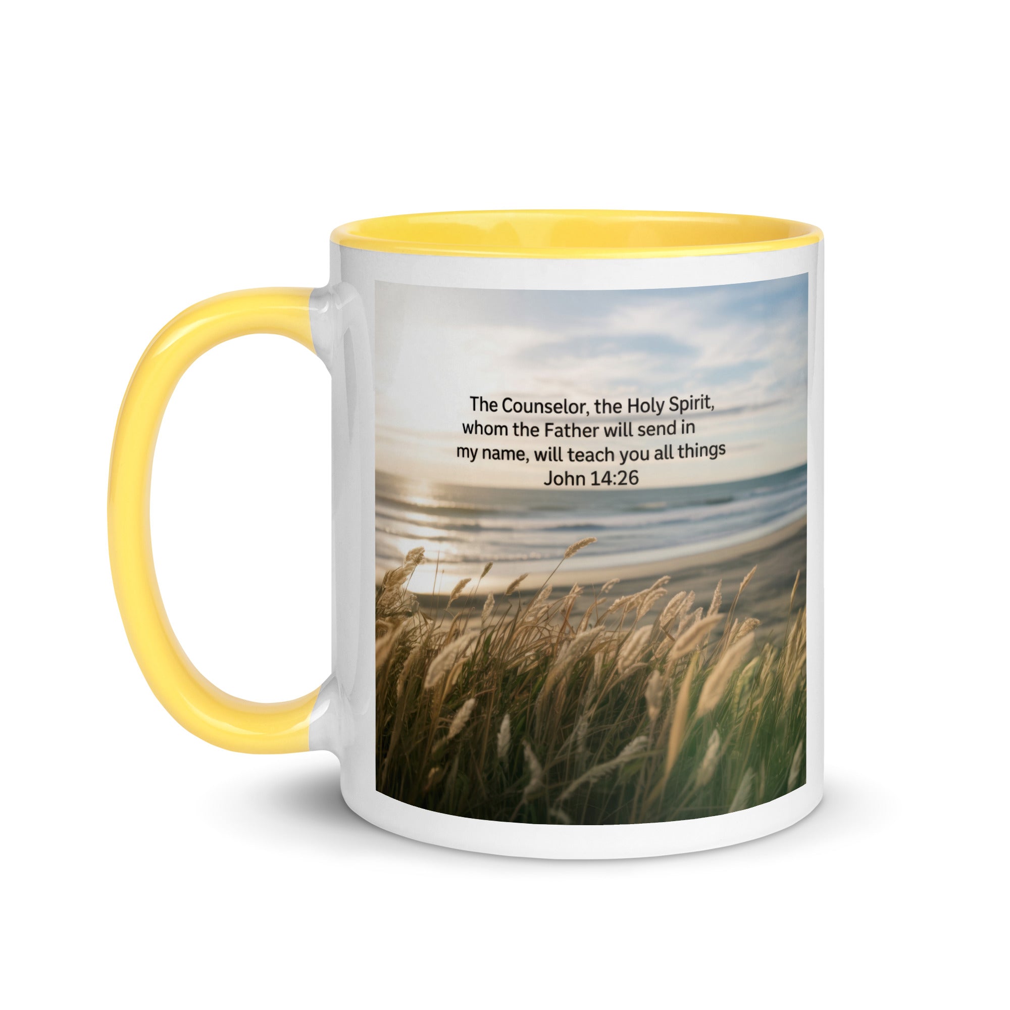 John 14:26 Bible Verse in my name White Ceramic Mug with Color Inside
